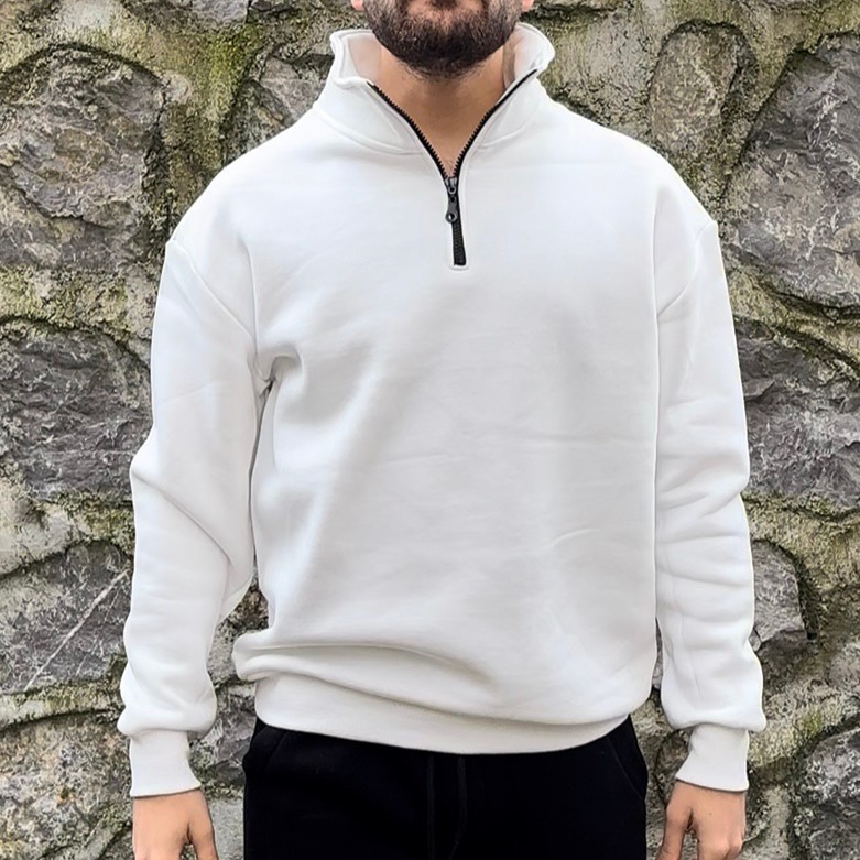 Beyaz Oversize Dik Yaka Fermuarlı Pamuklu Sweatshirt 