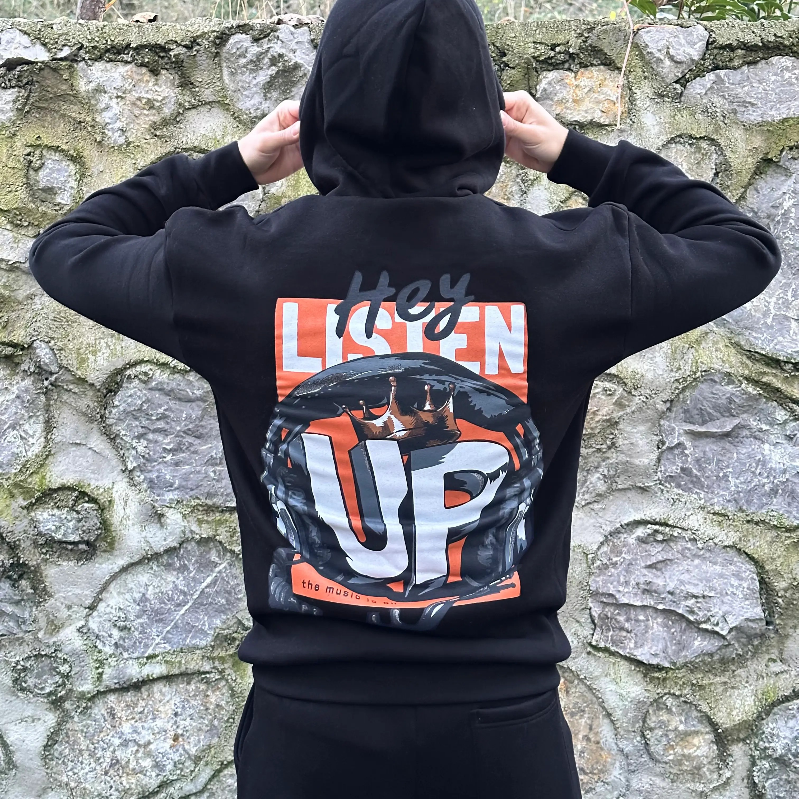 LISTEN UP Siyah Baskılı Oversize Hoodie