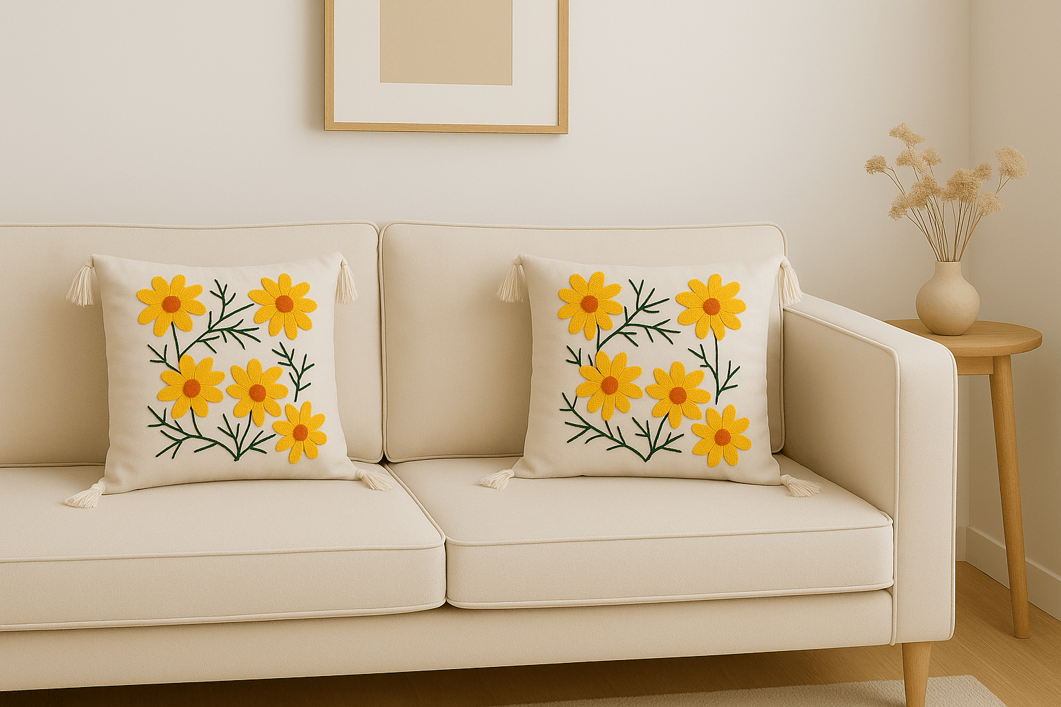 2 Adet 40x40 Punç Nakışlı Kırlent Kılıfı - Sarı Çiçek