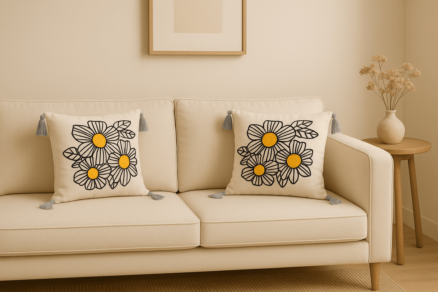 2 Adet 40x40 Punç Nakışlı Kırlent Kılıfı - Siyah Çiçek