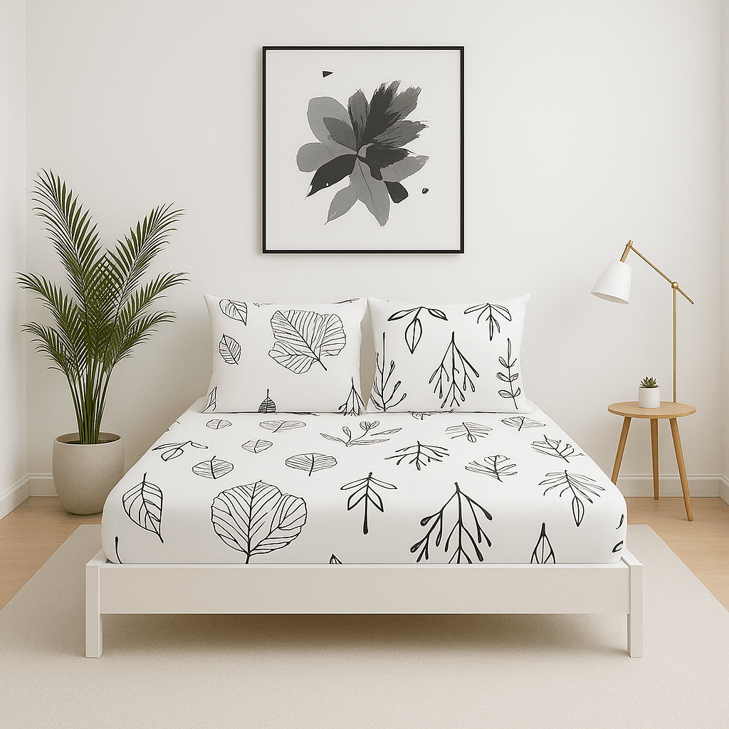120x200 Tek Kişilik Lastikli Çarşaf Takımı Siyah Yaprak