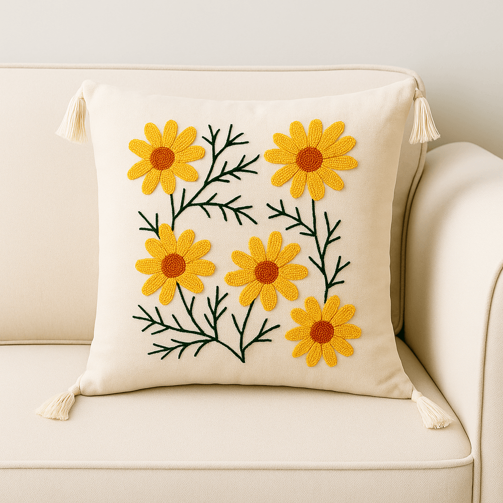 40x40 Punç Nakışlı Kırlent Kılıfı - Sarı Çiçek