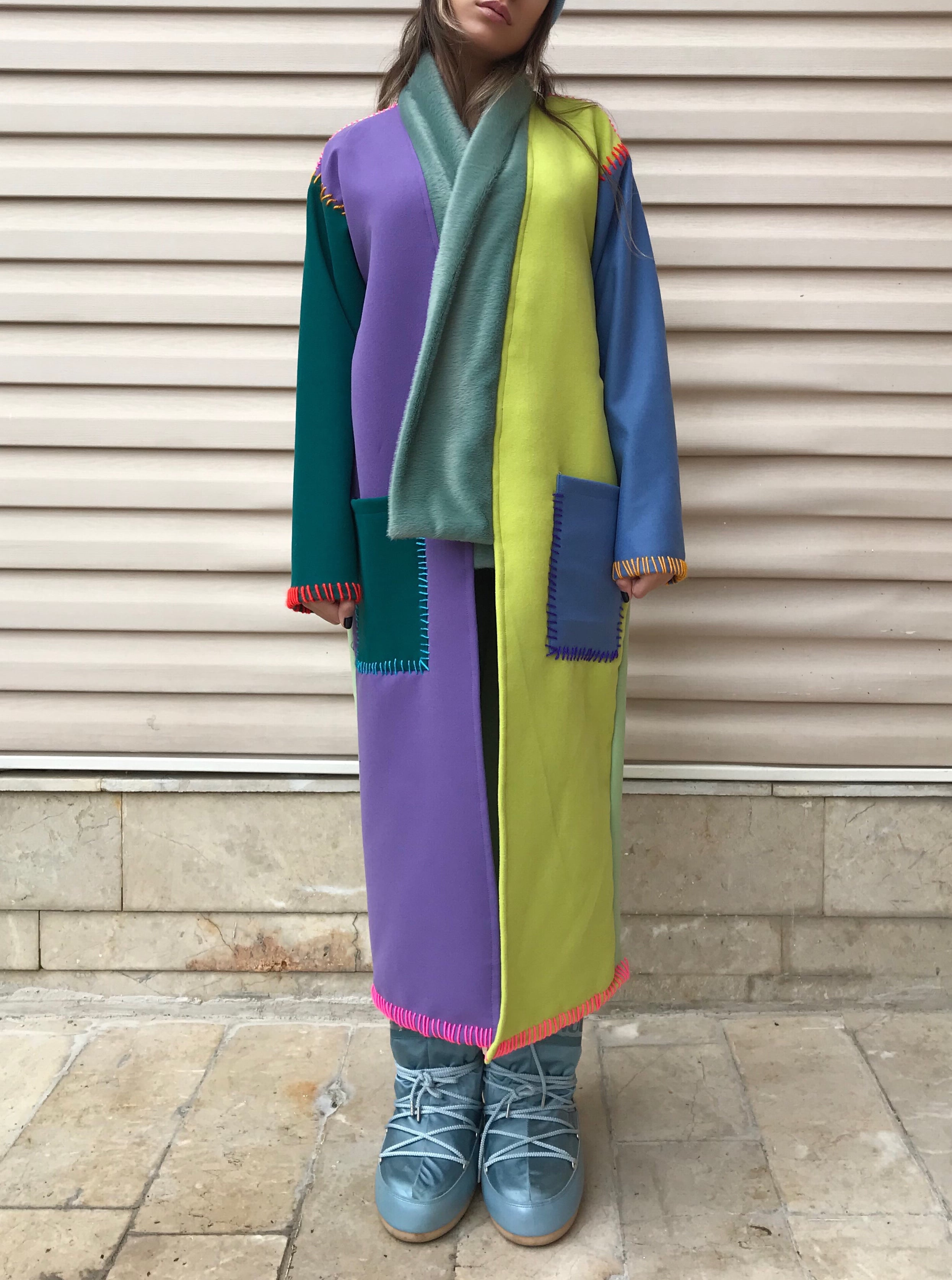 Renkli İşlemeli Palto Kaban – Unisex | Patchwork Coat