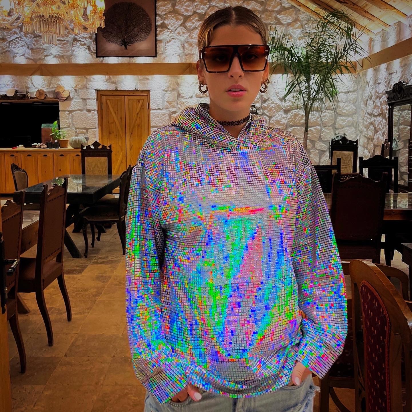 Parlak Disko Topu Hoodie Sweatshirt - Renk Değiştiren Festival Giysisi