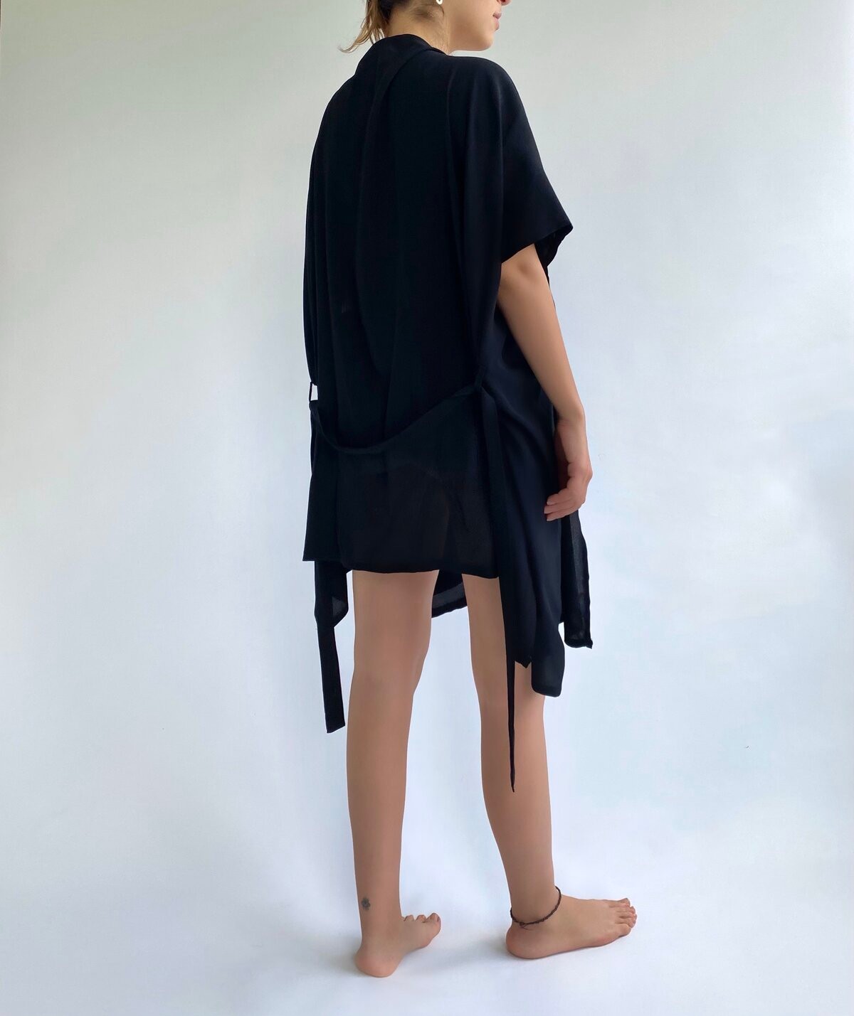 Siyah Kısa Keten Kimono&Kaftan