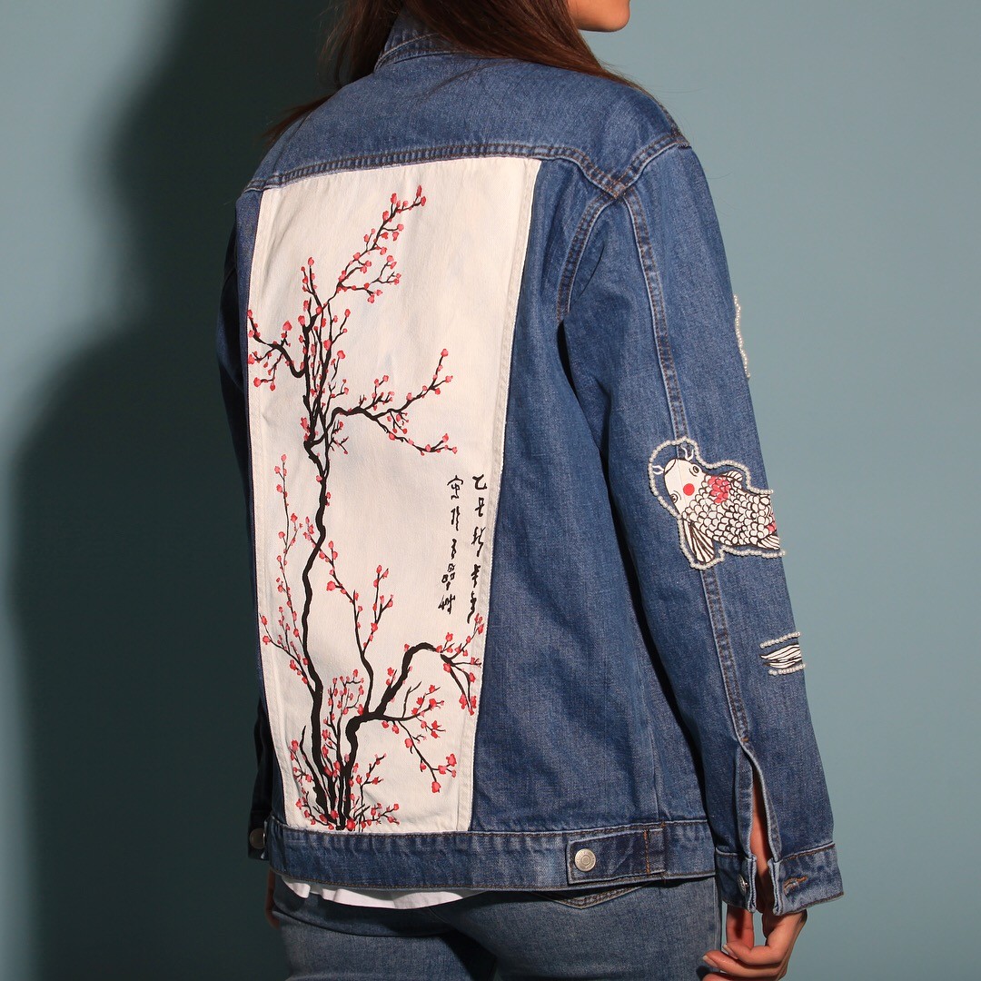 Sakura Koi Balıklı Japon Kot Ceket