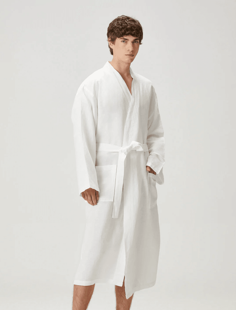 Istakoz Yengeç Desenli Uzun Beyaz Keten Kimono Erkek