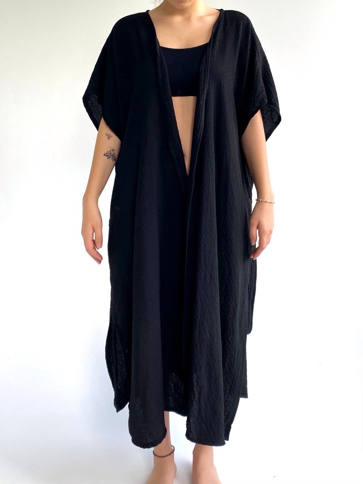 Siyah Uzun Keten Kimono&Kaftan