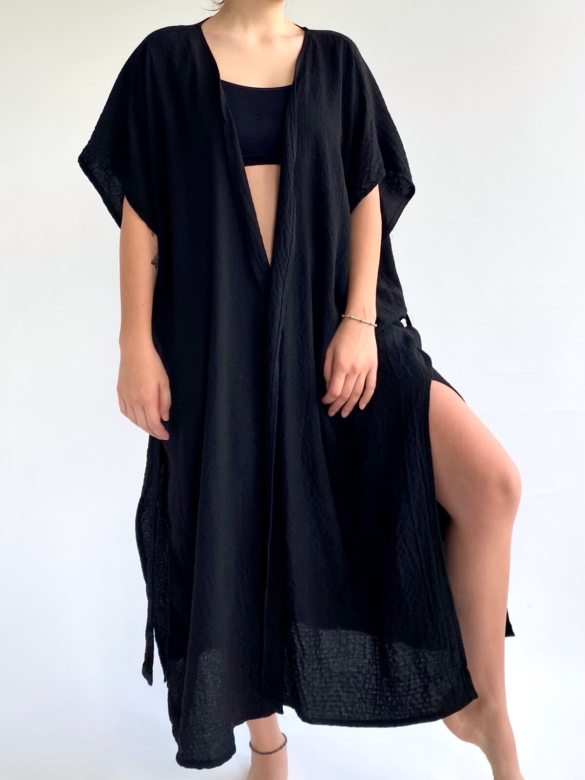 Siyah Uzun Keten Kimono&Kaftan