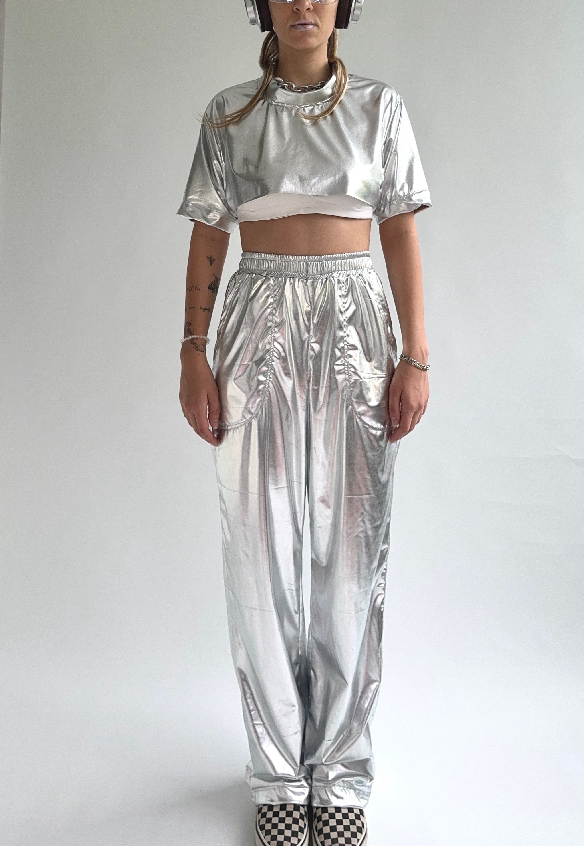 Meteor Parıltısı Gümüş Silver Crop Top T-shirt