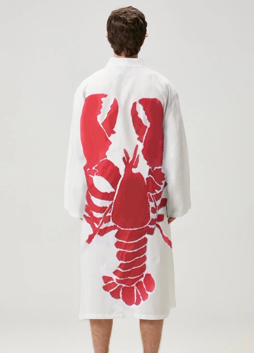 Istakoz Yengeç Desenli Uzun Beyaz Keten Kimono Erkek