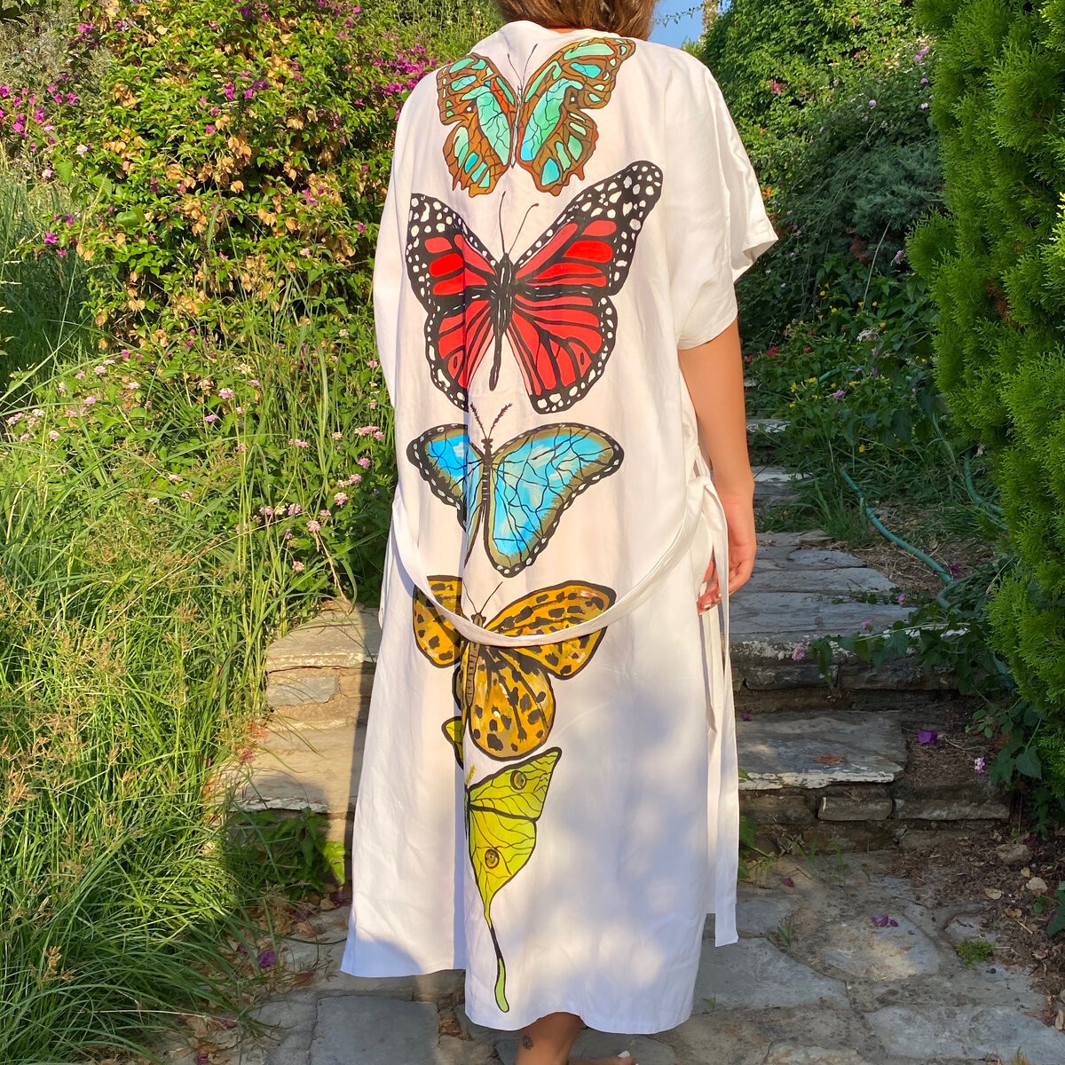 Kelebekler Beyaz Keten Kimono &Kaftan 