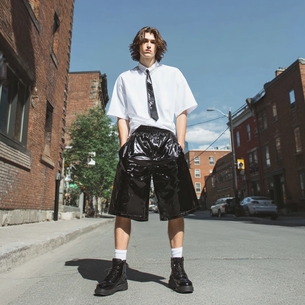 Siyah Rugan Deri Lateks Şort - Erkek