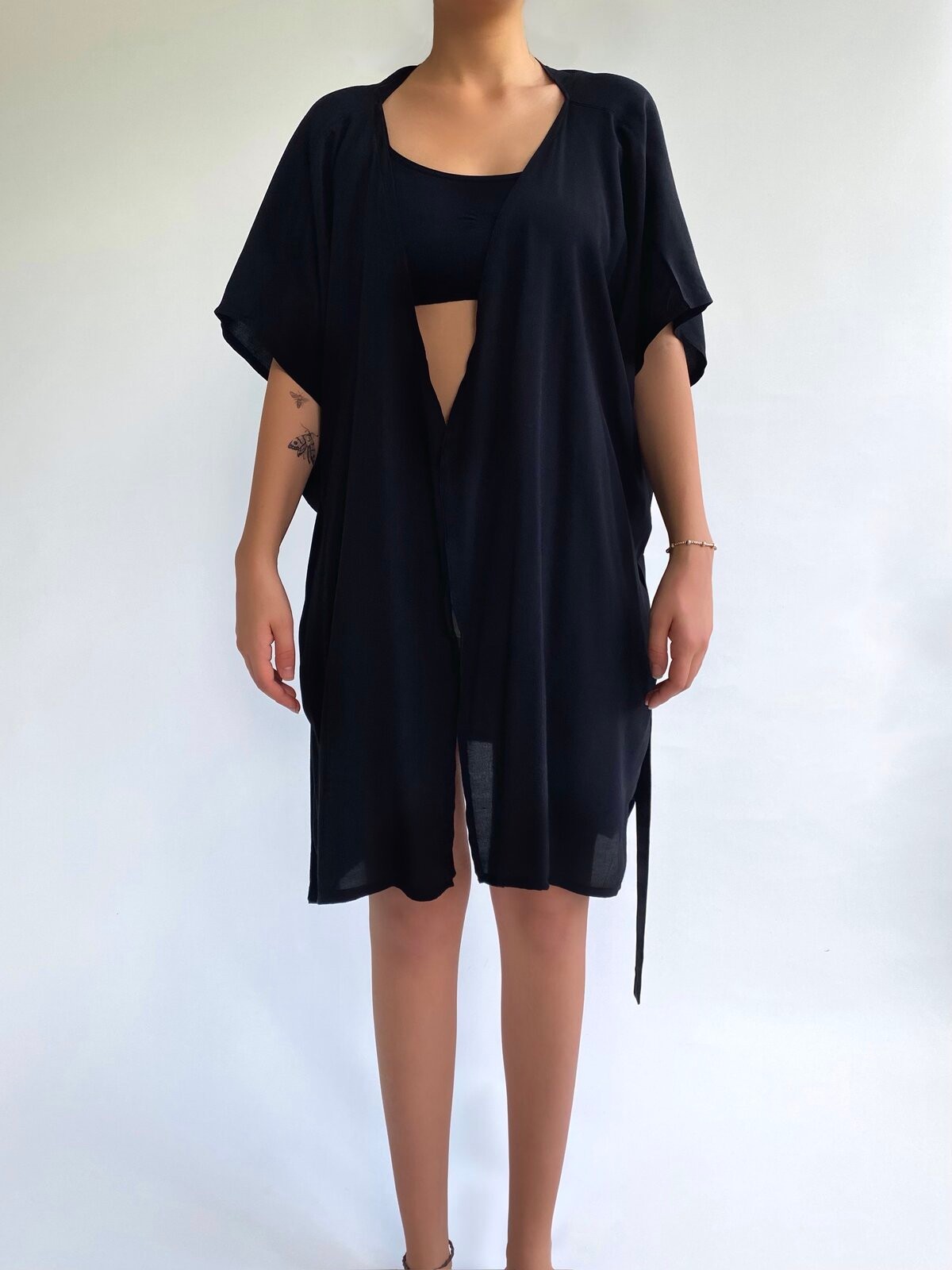 Siyah Kısa Keten Kimono&Kaftan