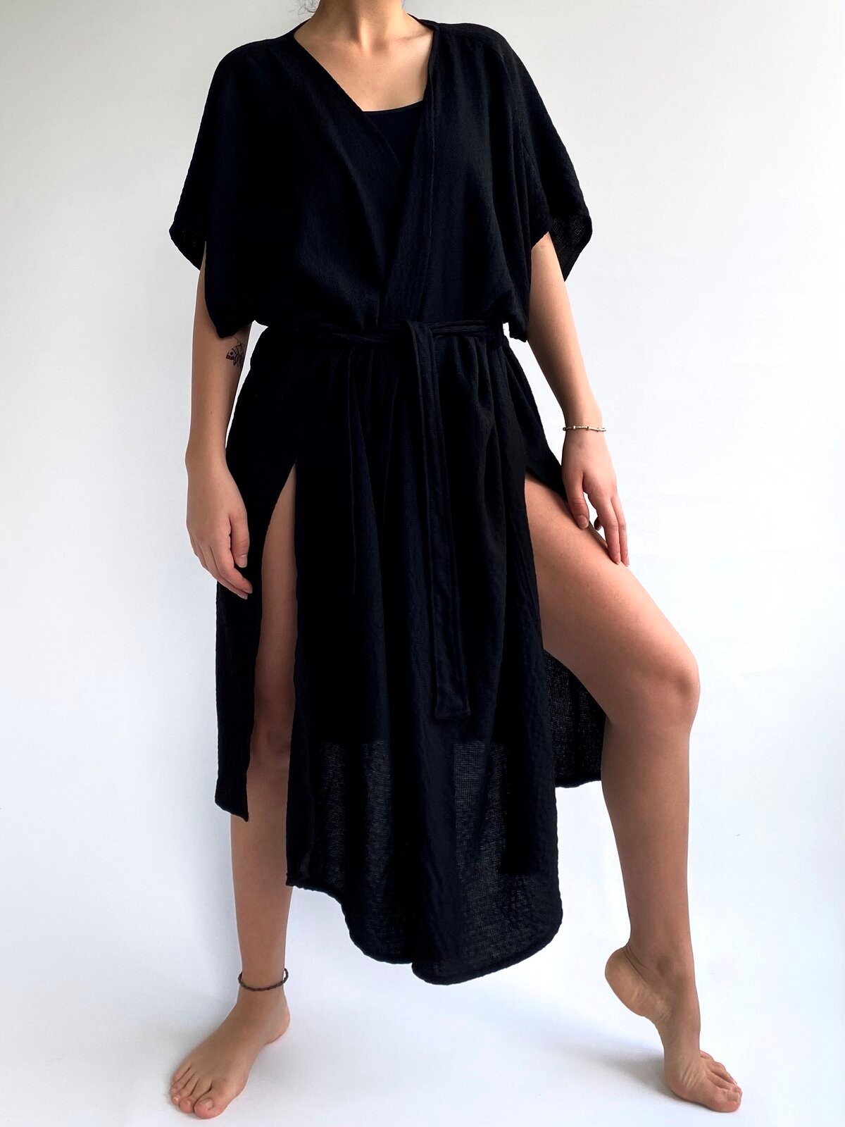 Siyah Uzun Keten Kimono&Kaftan