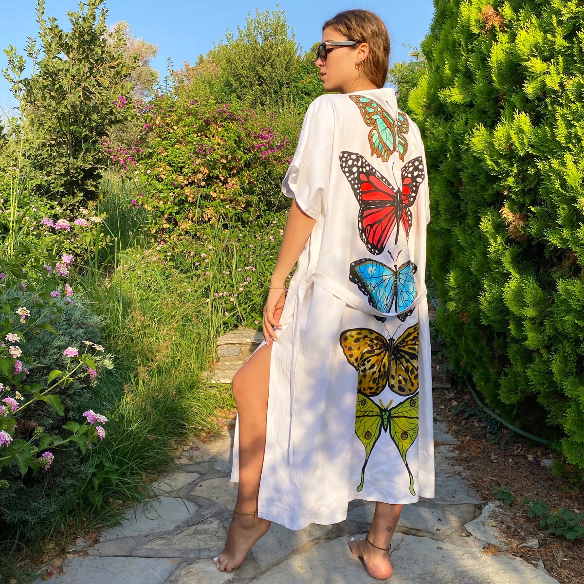 Kelebekler Beyaz Keten Kimono &Kaftan 