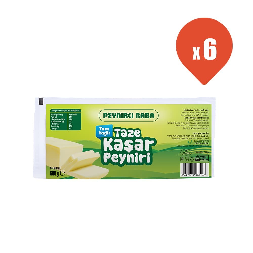 Peynirci Baba Tam Yağlı Taze Kaşar Peyniri 600 gr x 6