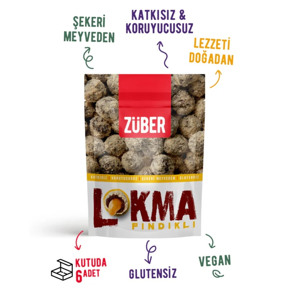 Züber Lokma Fındık Kaplı Yer Fıstığı Ezmeli Meyve Topu 96 gr x 6 Adet