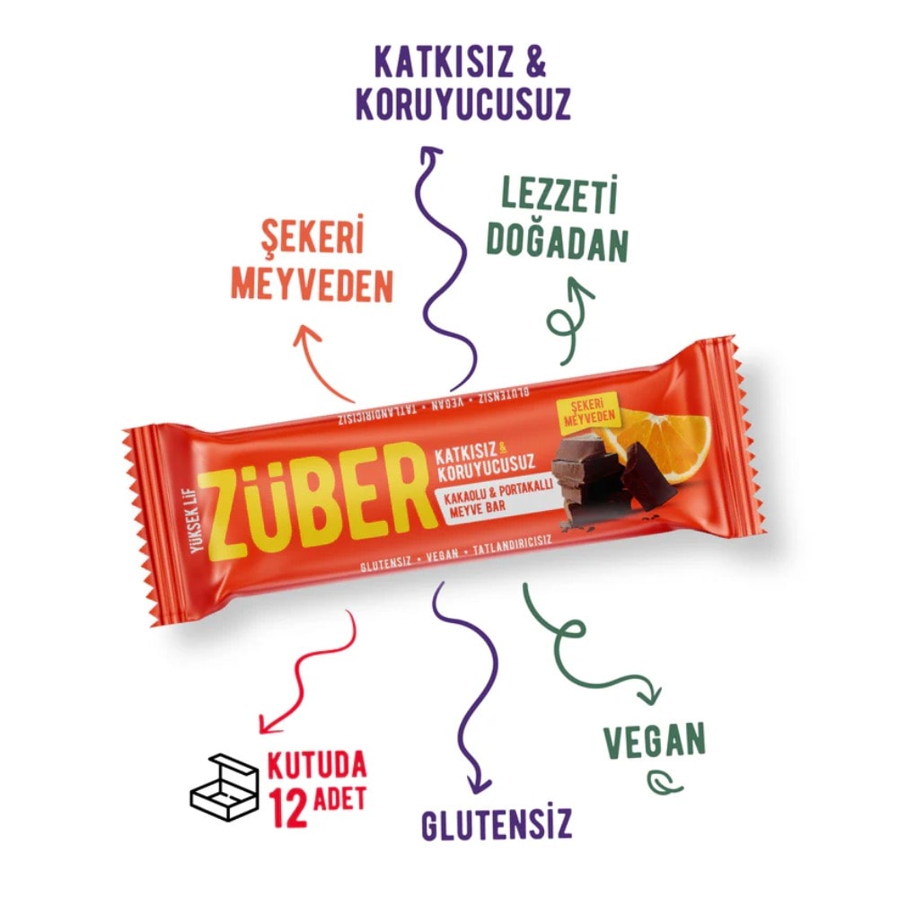 Züber Kakaolu ve Portakallı Meyve Barı 40 gr x 12