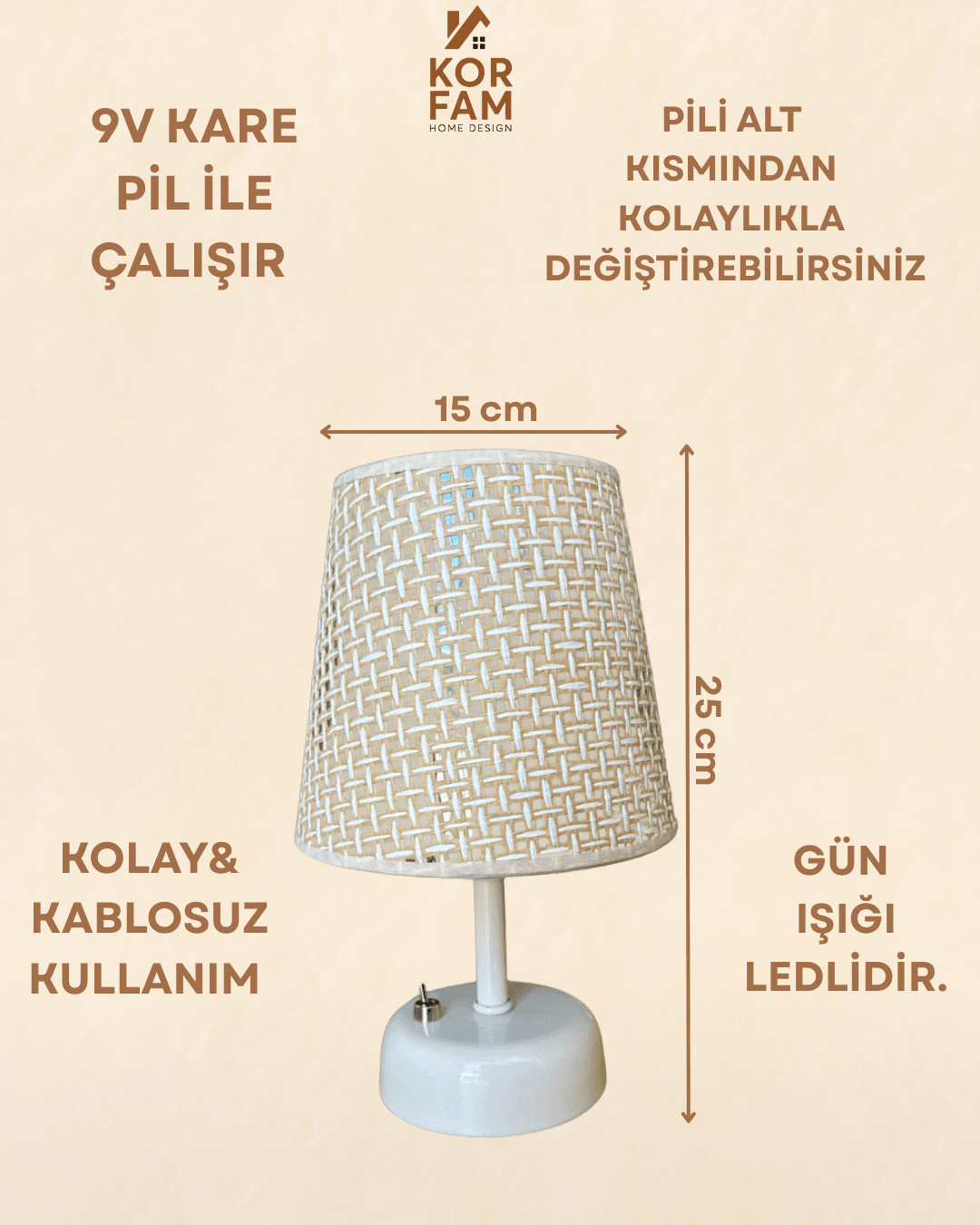 Kumaş Başlıklı Şık Pilli Masa Lambası | Led Gün Işığı | Pilli ve Kablosuz Kullanım