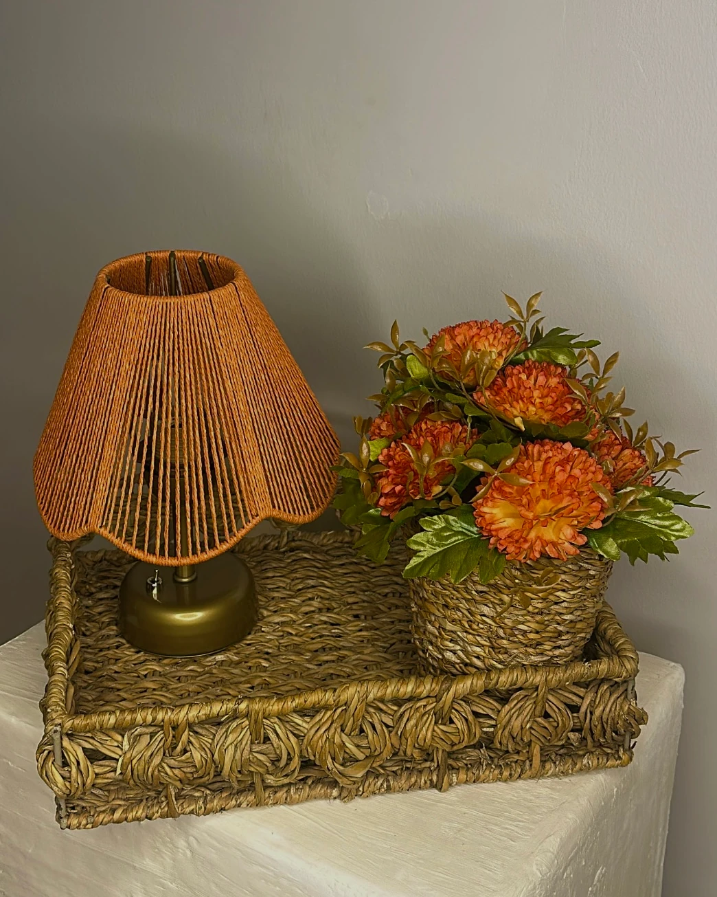 Rosalinda - Gece Ve Masa lambası Hasır Tepsi Seti - Turuncu