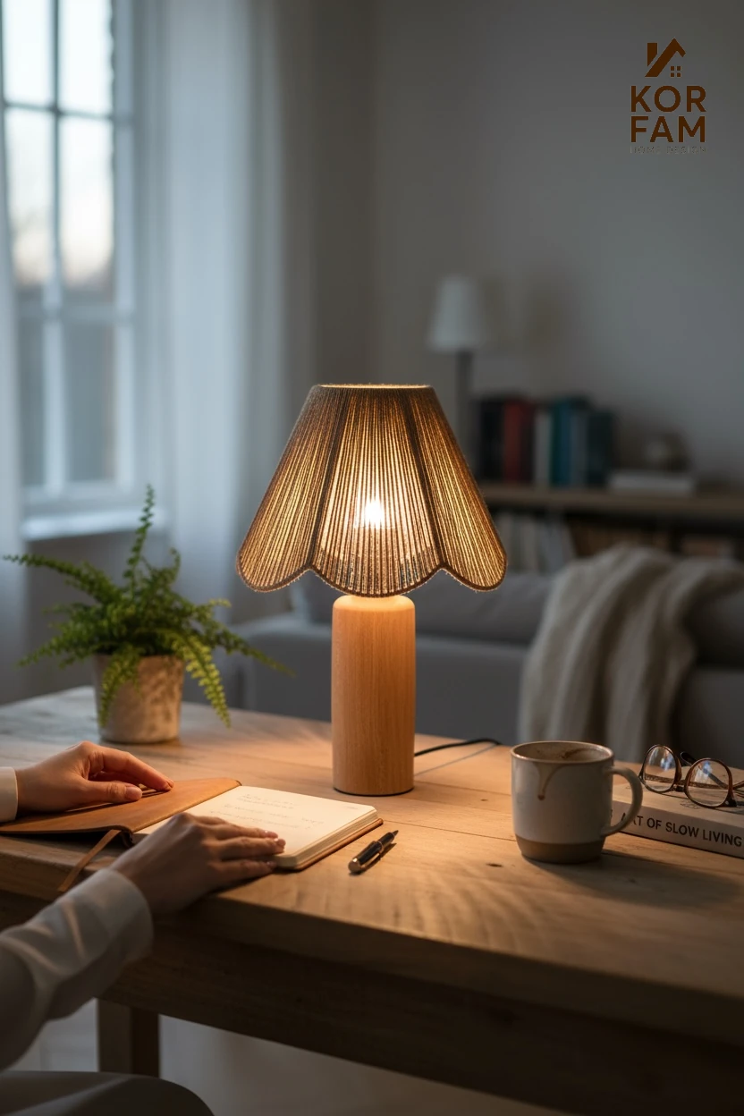 Rosalinda Abajur - Hasır El Yapımı Bohem Çiçek Şekilli Ahşap Ayaklı Rustik Abajur - Kahverengi