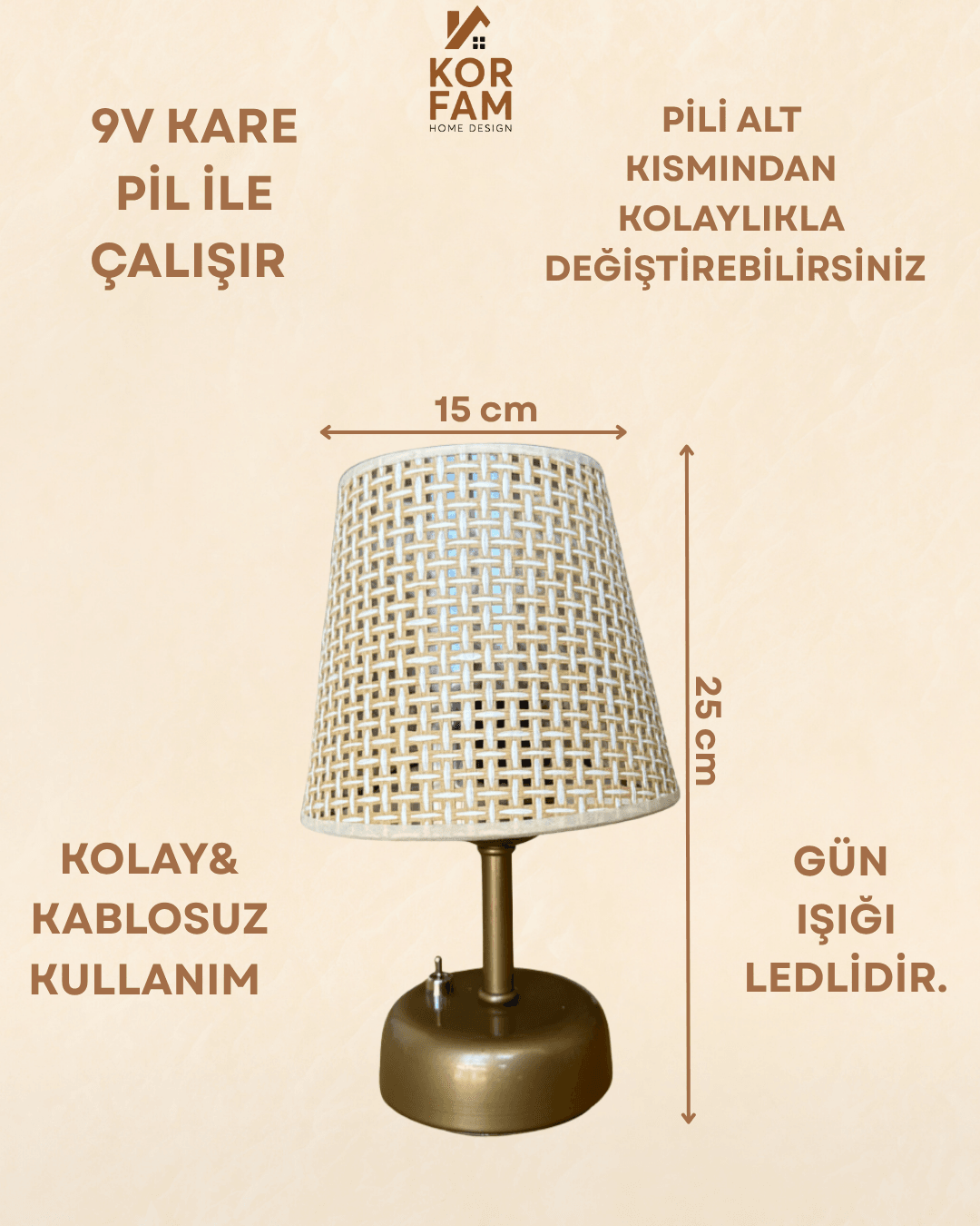 Kumaş Başlıklı Şık Pilli Masa Lambası | Led Gün Işığı | Pilli ve Kablosuz Kullanım