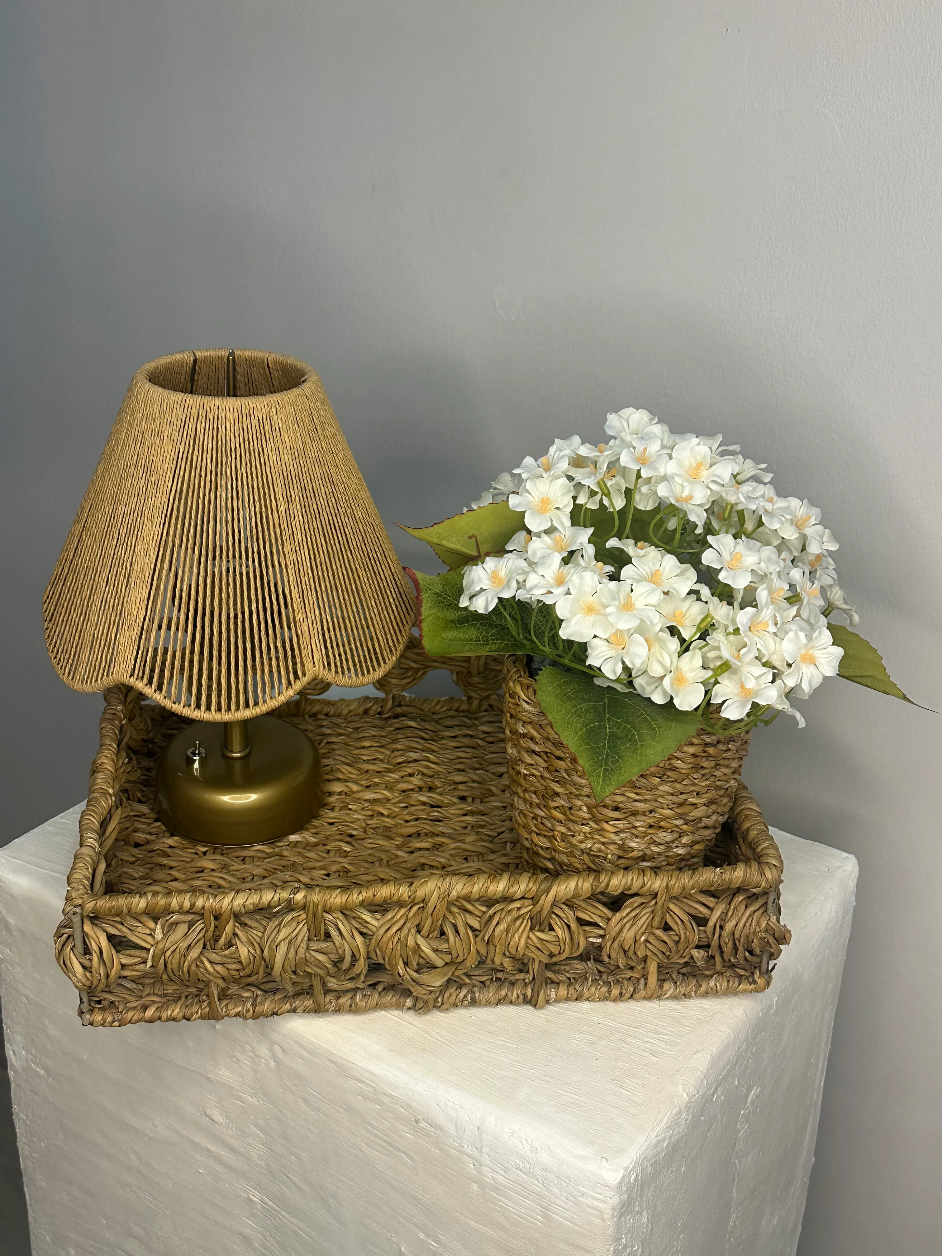 Rosalinda - Gece Ve Masa lambası Hasır Tepsi Seti - Kahverengi