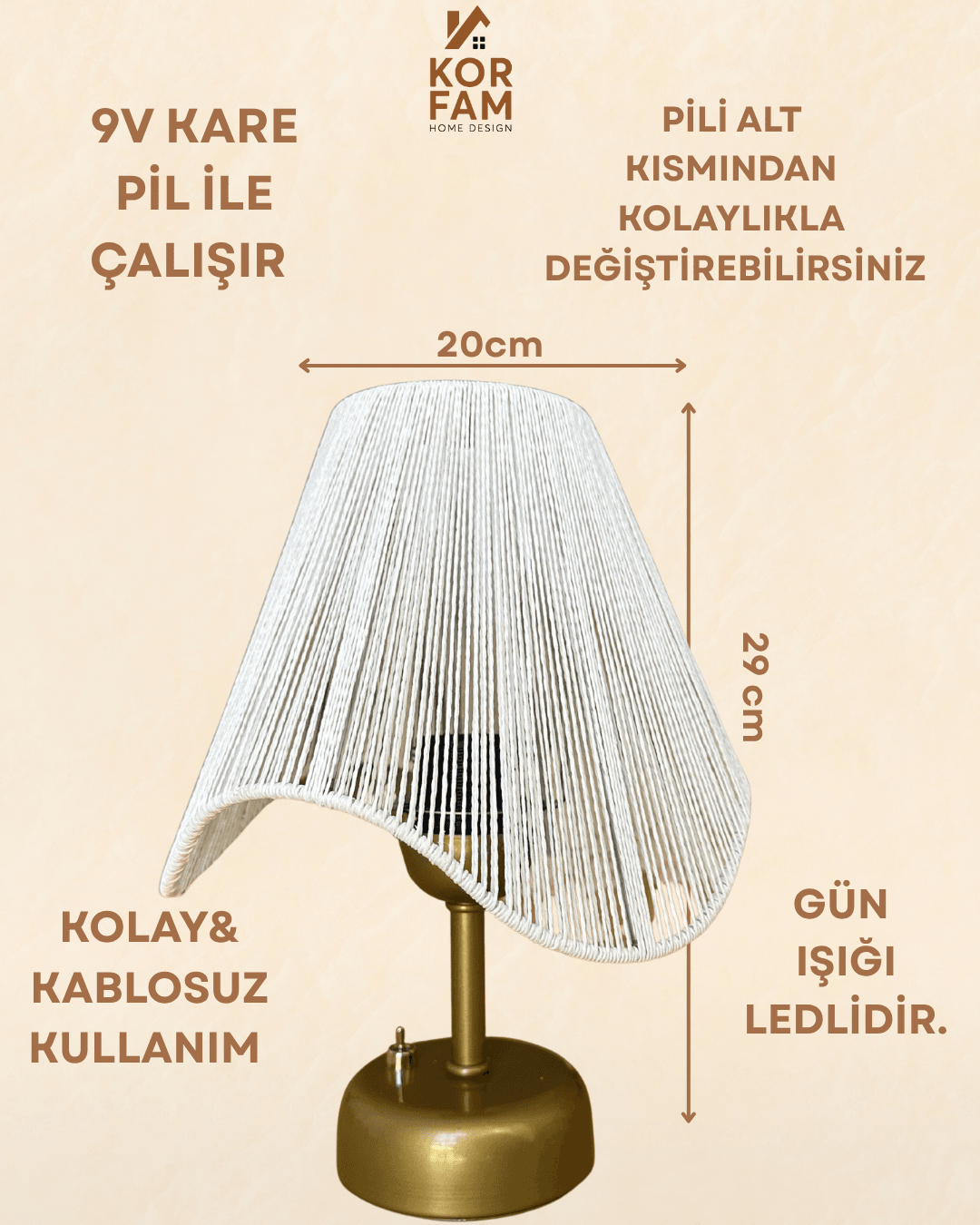 WAVY MODELİ - RETRO TARZDA PİLLİ MASA LAMBASI | METAL GÖVDE | LED GÜN IŞIĞI AYDINLATMA