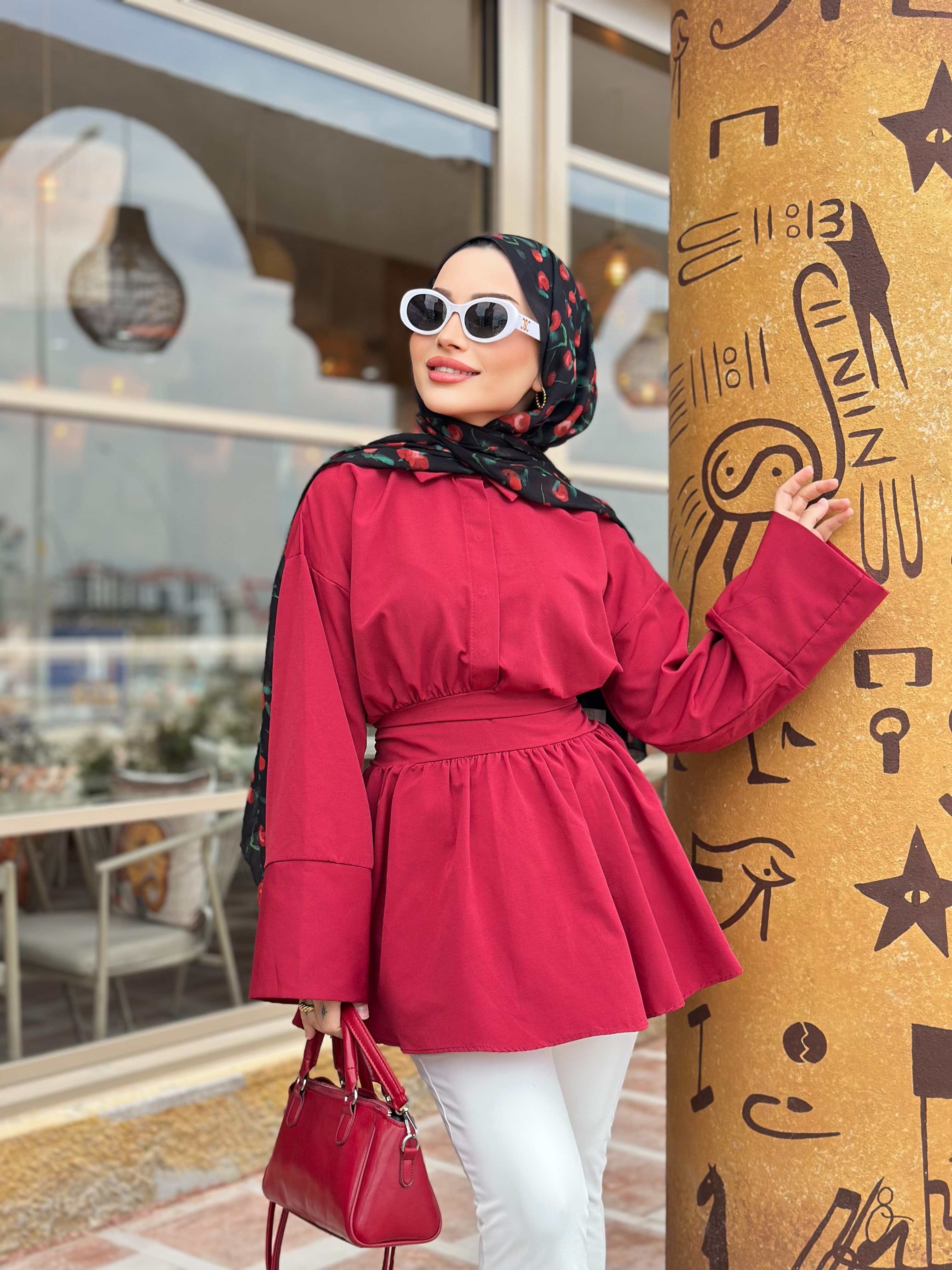 ASEL KUŞAKLI GÖMLEK (BORDO)