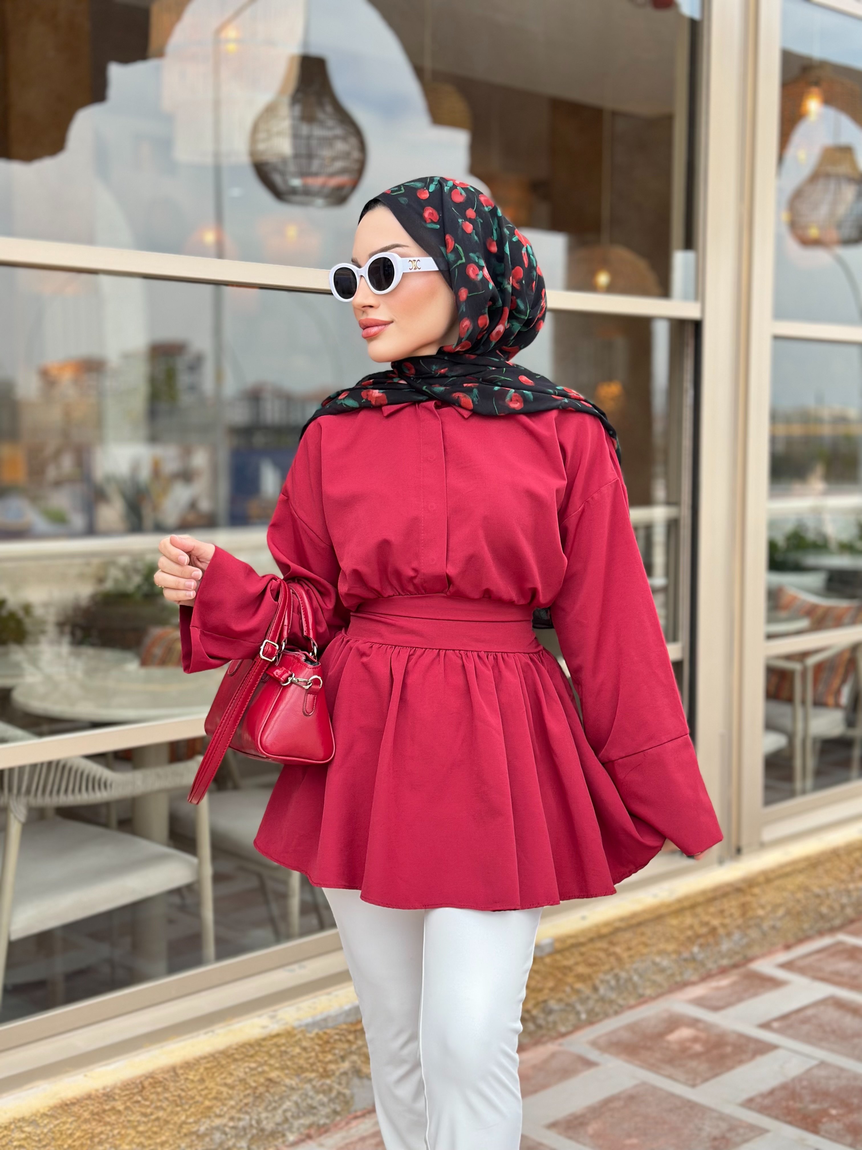 ASEL KUŞAKLI GÖMLEK (BORDO)