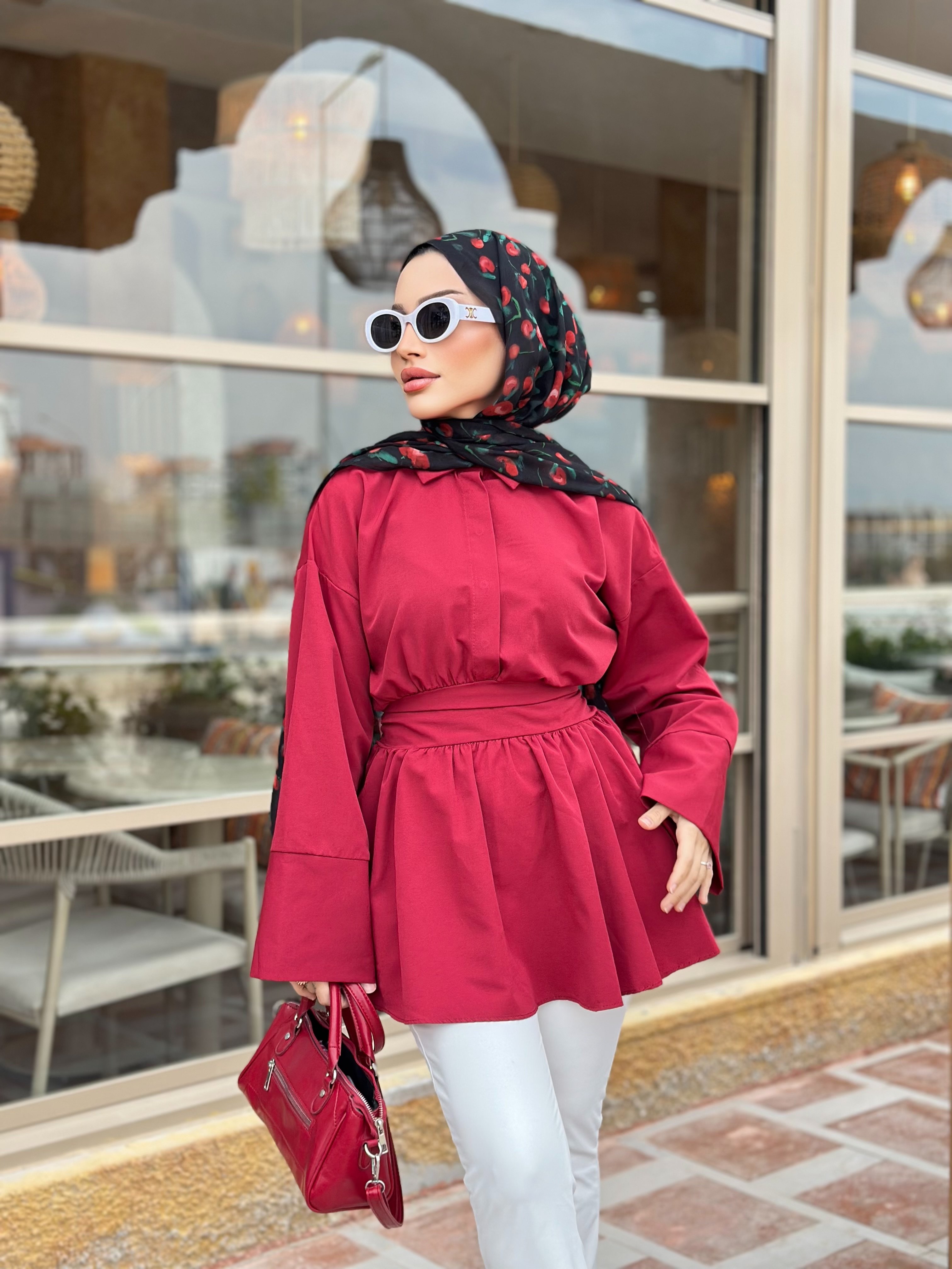ASEL KUŞAKLI GÖMLEK (BORDO)