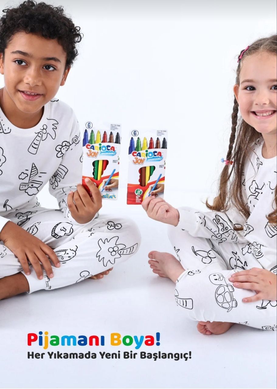 Unisex Boya Hediyeli Mevsimlik Boyanabilen Çocuk Pijama Takımı (6lı Boya Hediyeli)