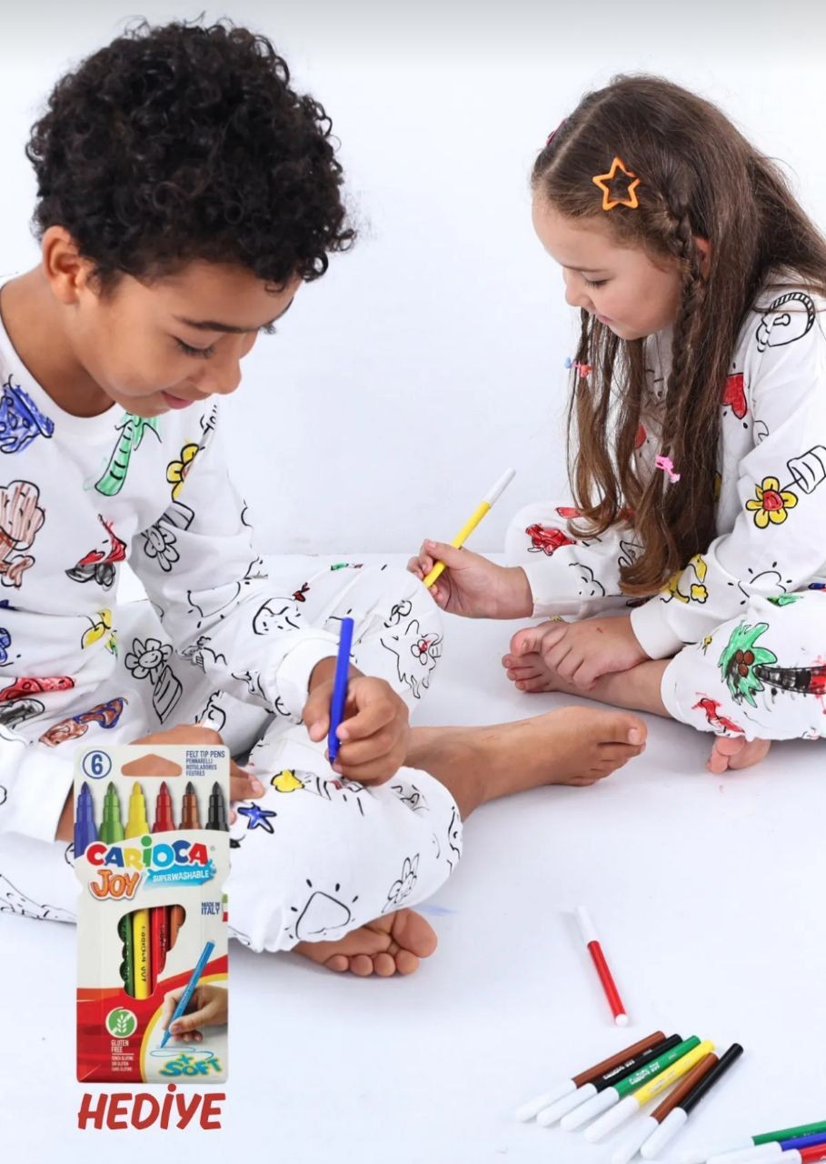 Unisex Boya Hediyeli Mevsimlik Boyanabilen Çocuk Pijama Takımı (6lı Boya Hediyeli)