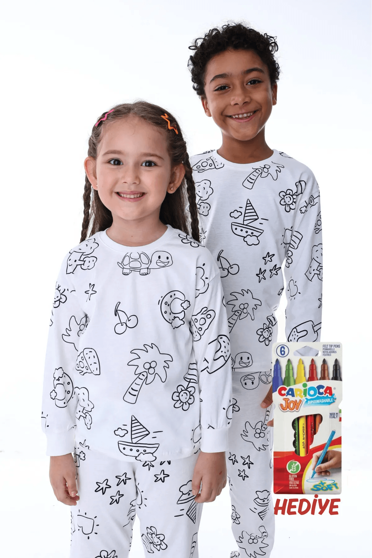 Unisex Boya Hediyeli Mevsimlik Boyanabilen Çocuk Pijama Takımı (6lı Boya Hediyeli)