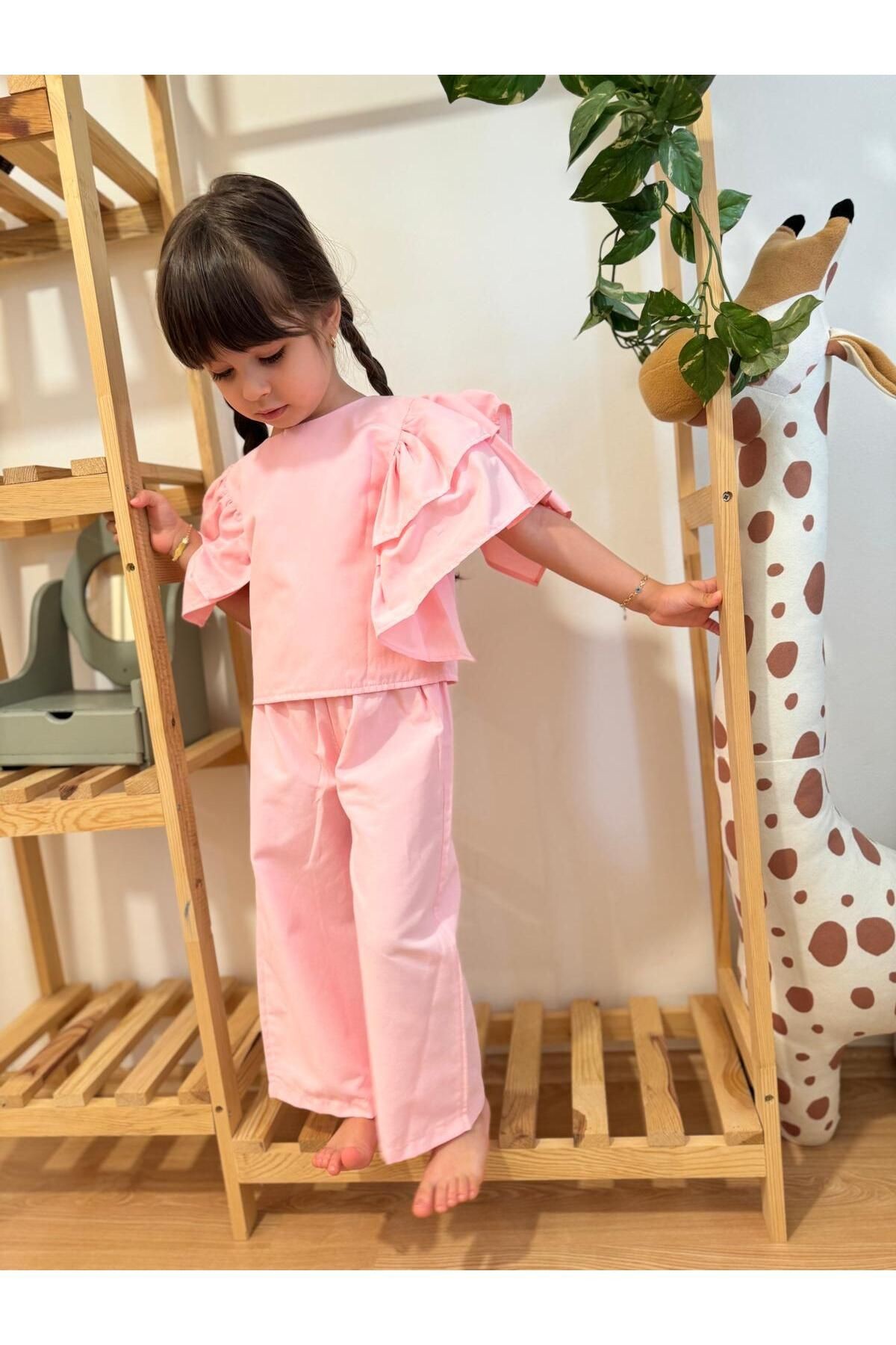 Kız Çocuk Pembe Bayramlık Alt-Üst Takım (Geniş Kalıptır)