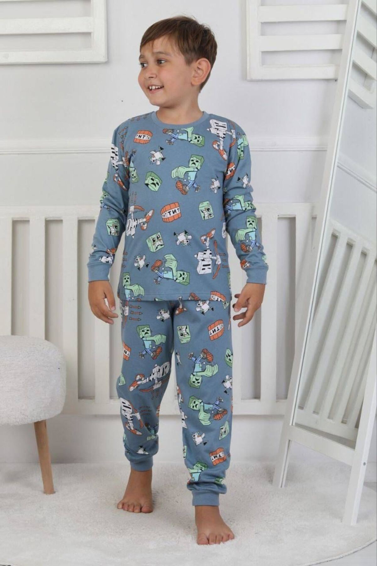 Mevsimlik Minecraft Desenli Erkek Çocuk Pijama Takımı