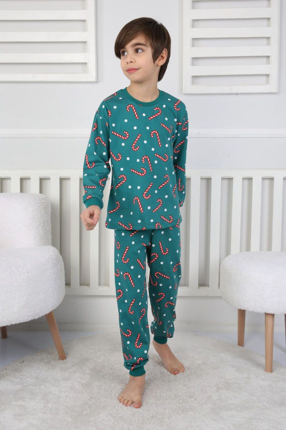 Unisex Baston Şeker Desenli Çocuk Yılbaşı Pijama Takımı