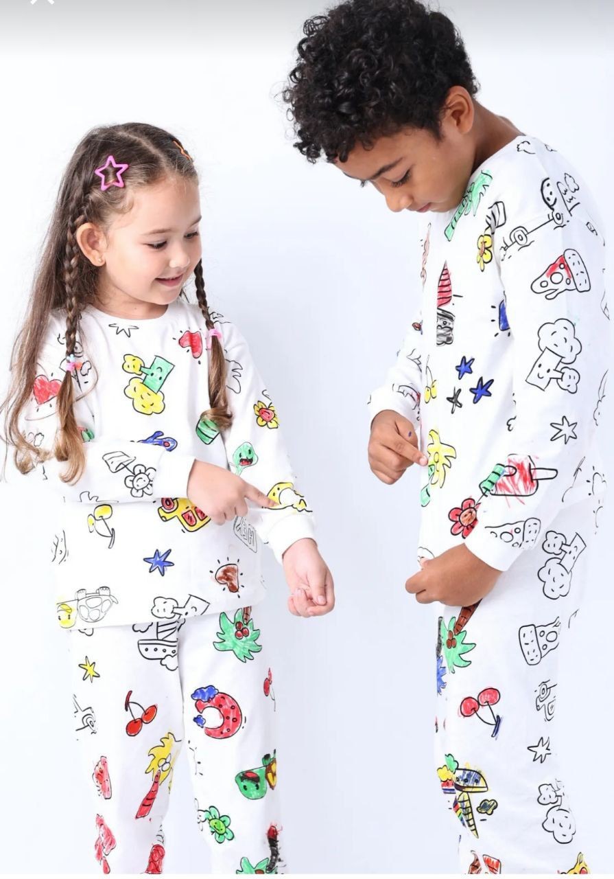 Unisex Boya Hediyeli Mevsimlik Boyanabilen Çocuk Pijama Takımı (6lı Boya Hediyeli)