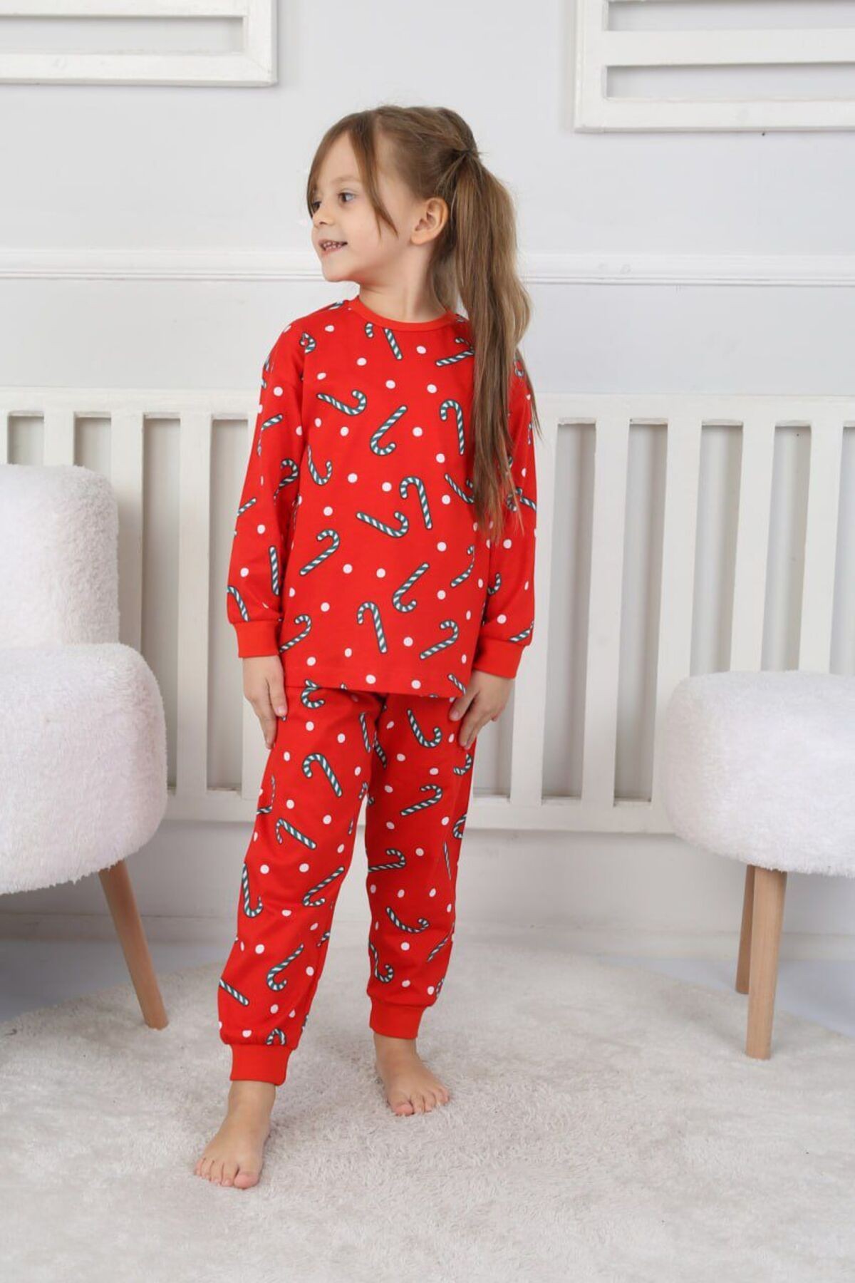 Unisex Baston Şeker Desenli Çocuk Yılbaşı Pijama Takımı