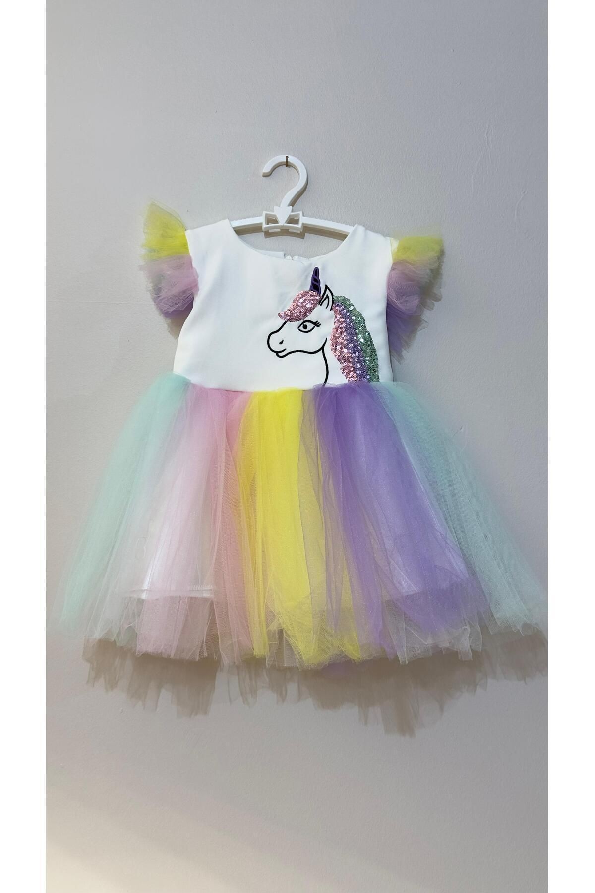 Unicorn İşlemeli Tütülü Kız Çocuk Doğumgünü Elbise