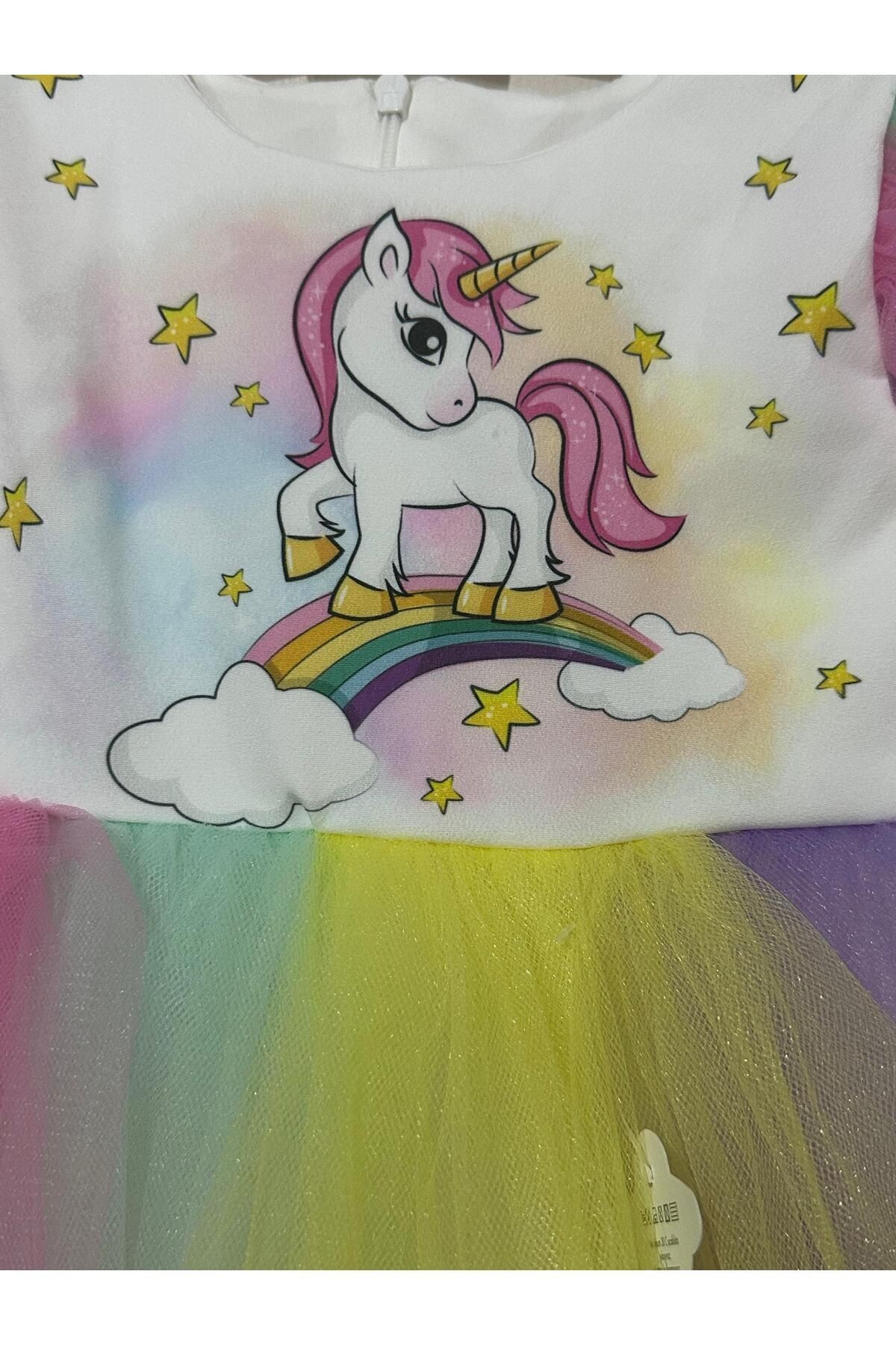 Unicorn Baskılı Tütülü Kız Çocuk Elbise