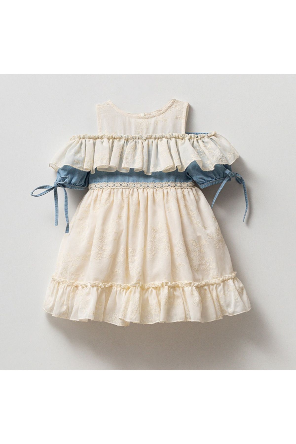 Fırfırlı Denim Detaylı Kız Bebek Bayramlık Elbise