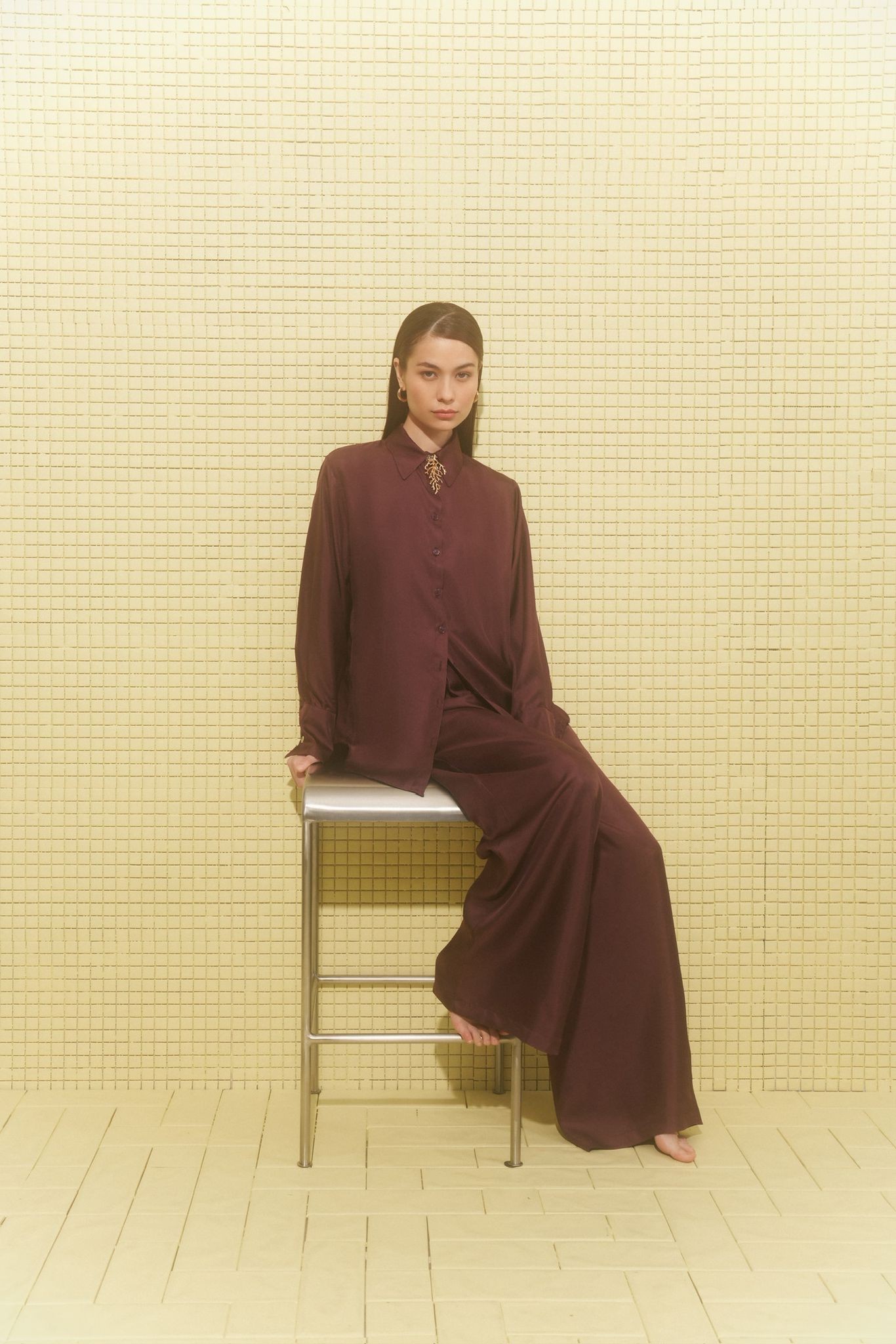Bordo Twill İpek Pantolon