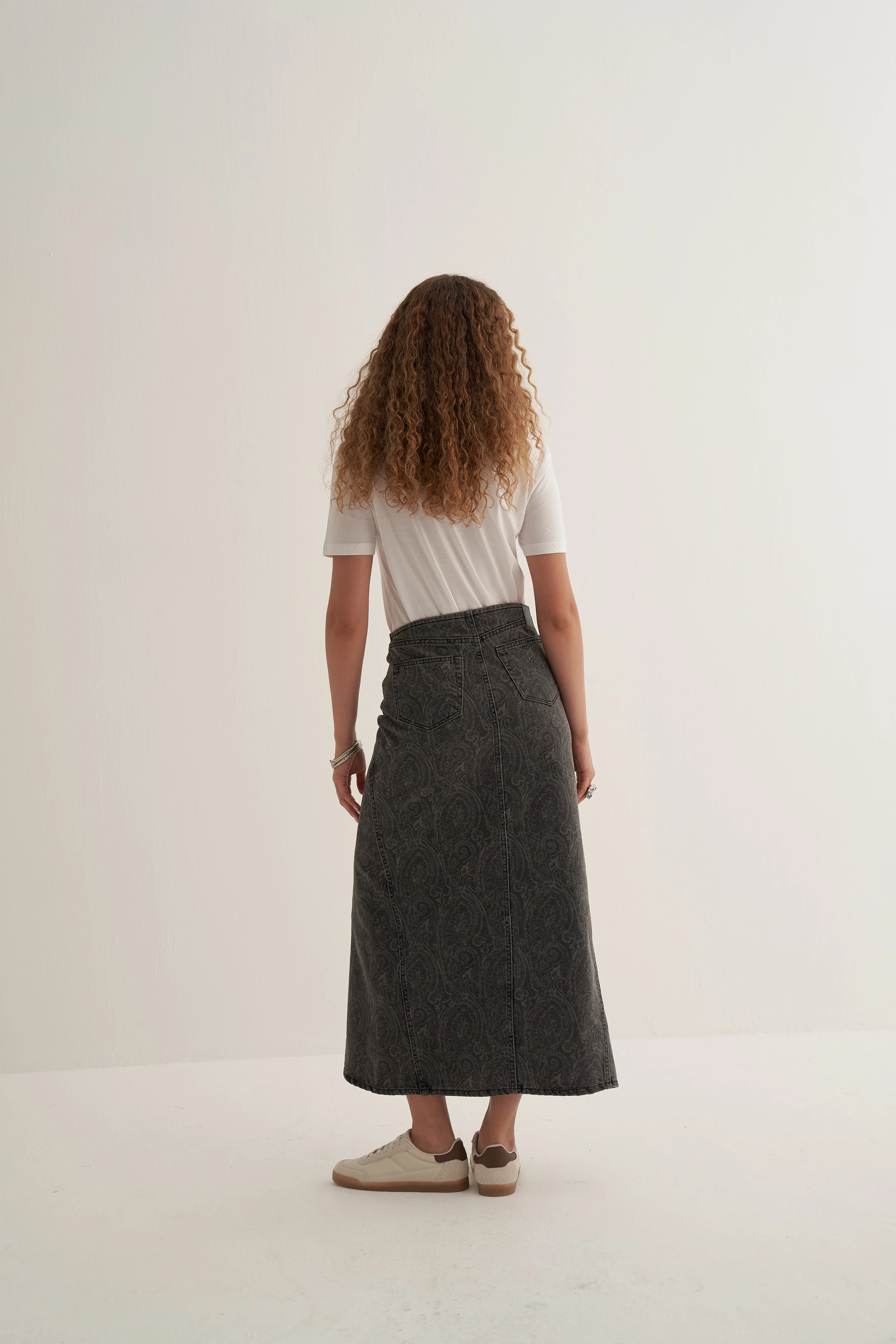 Gri Paisley Denim Etek