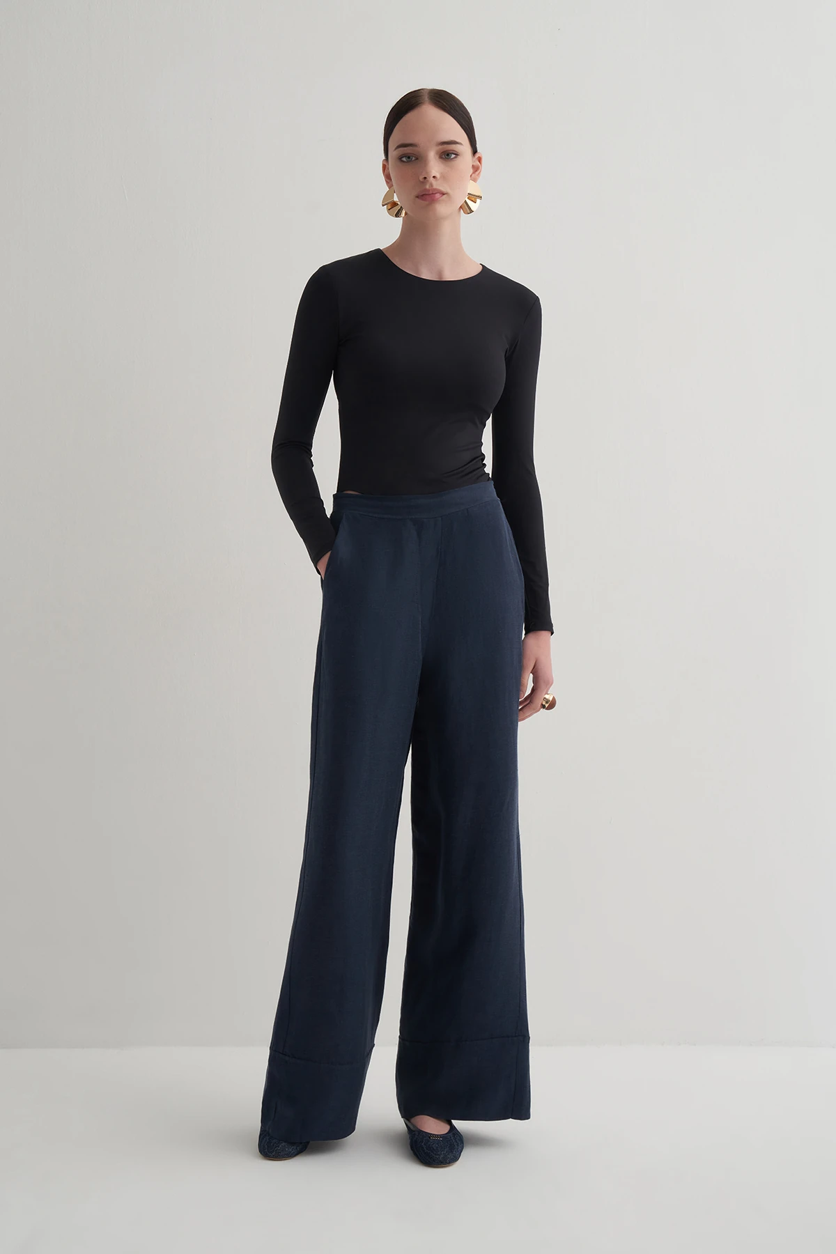 Lacivert Cupro Keten Pantolon