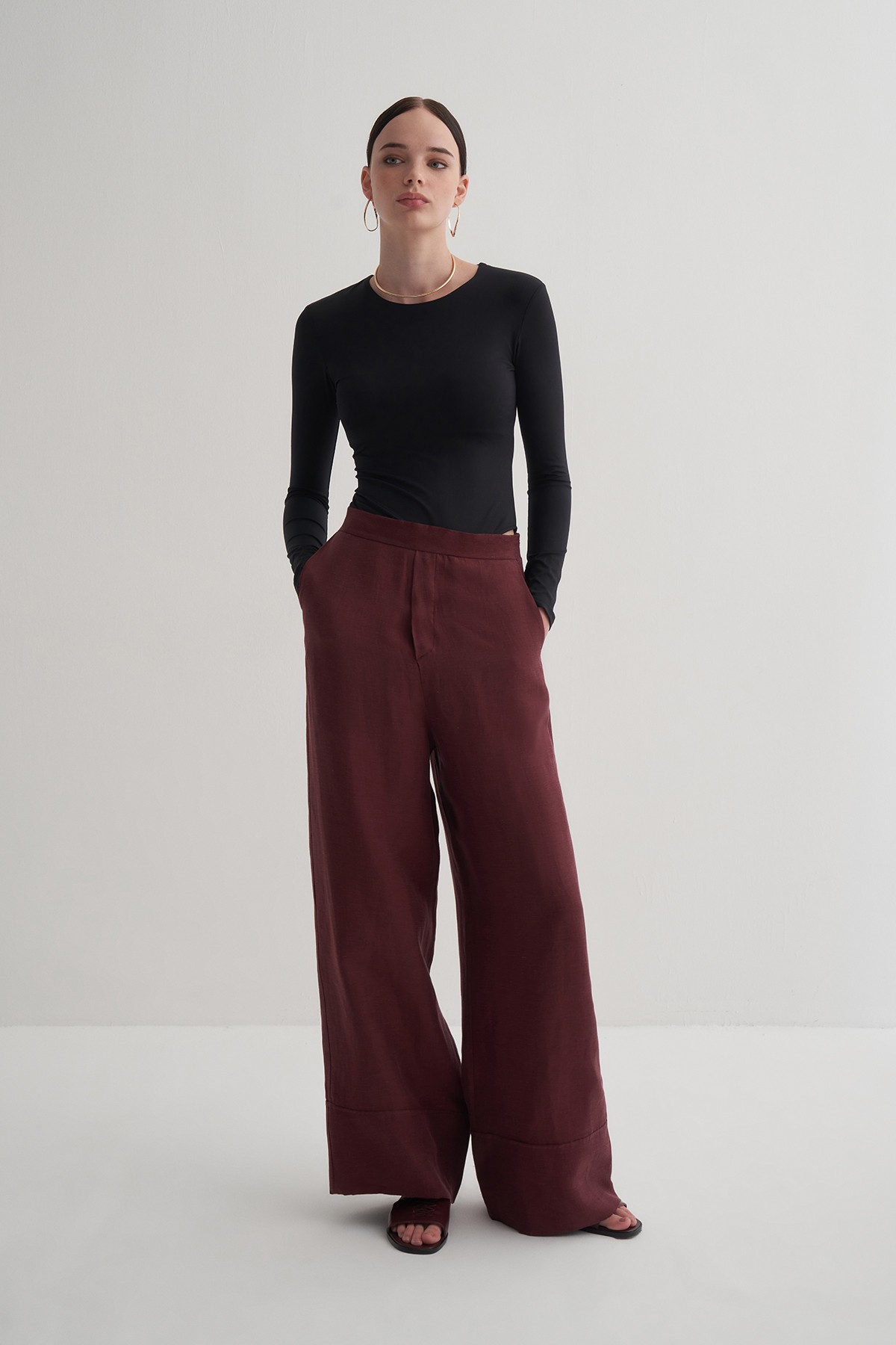 Bordo Cupro Keten Pantolon