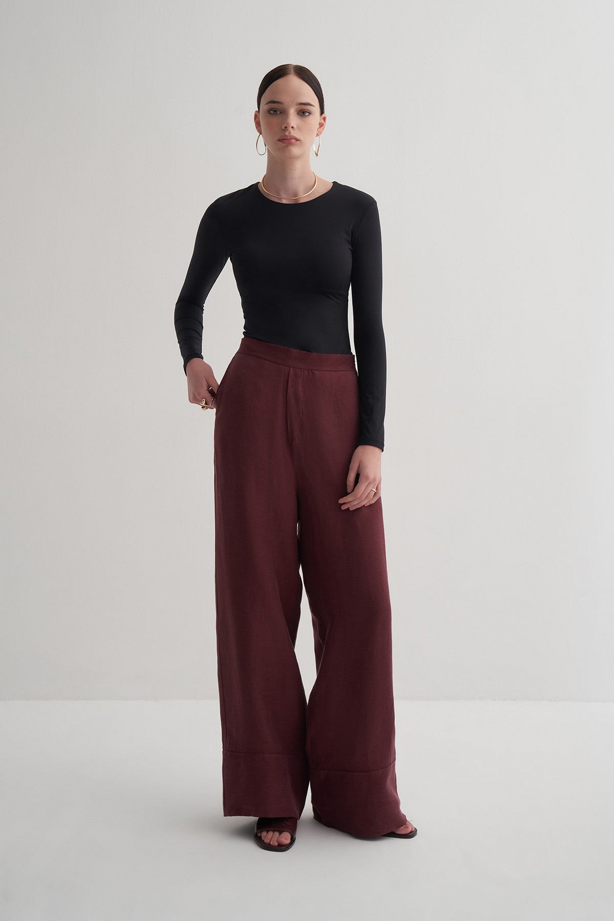 Bordo Cupro Keten Pantolon