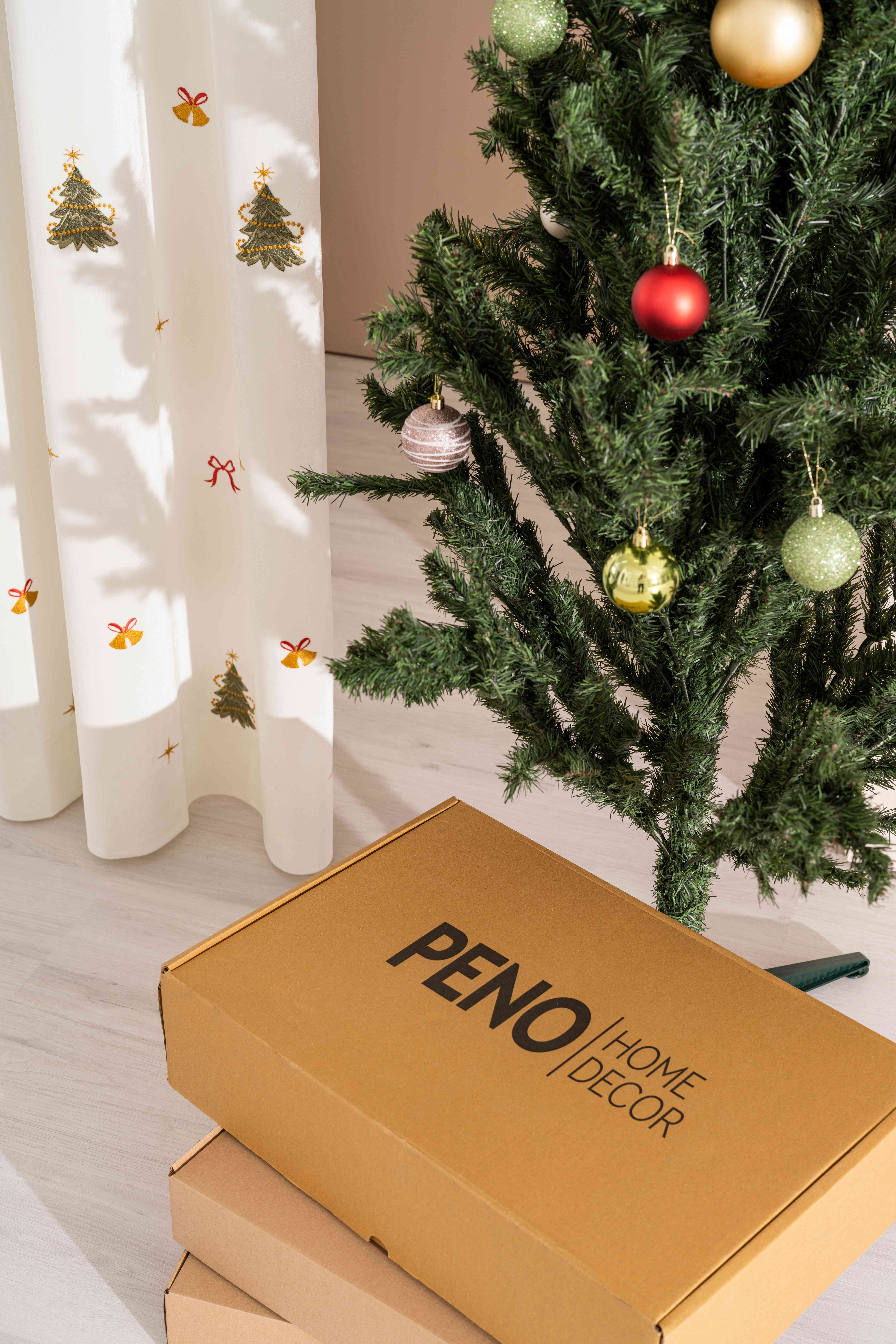 Christmas Curtain Scandinavian Embroidered Tree Drapery, Minimalist Holiday Festive Winter Decor, Xmas Window Panels-Penohomedecor