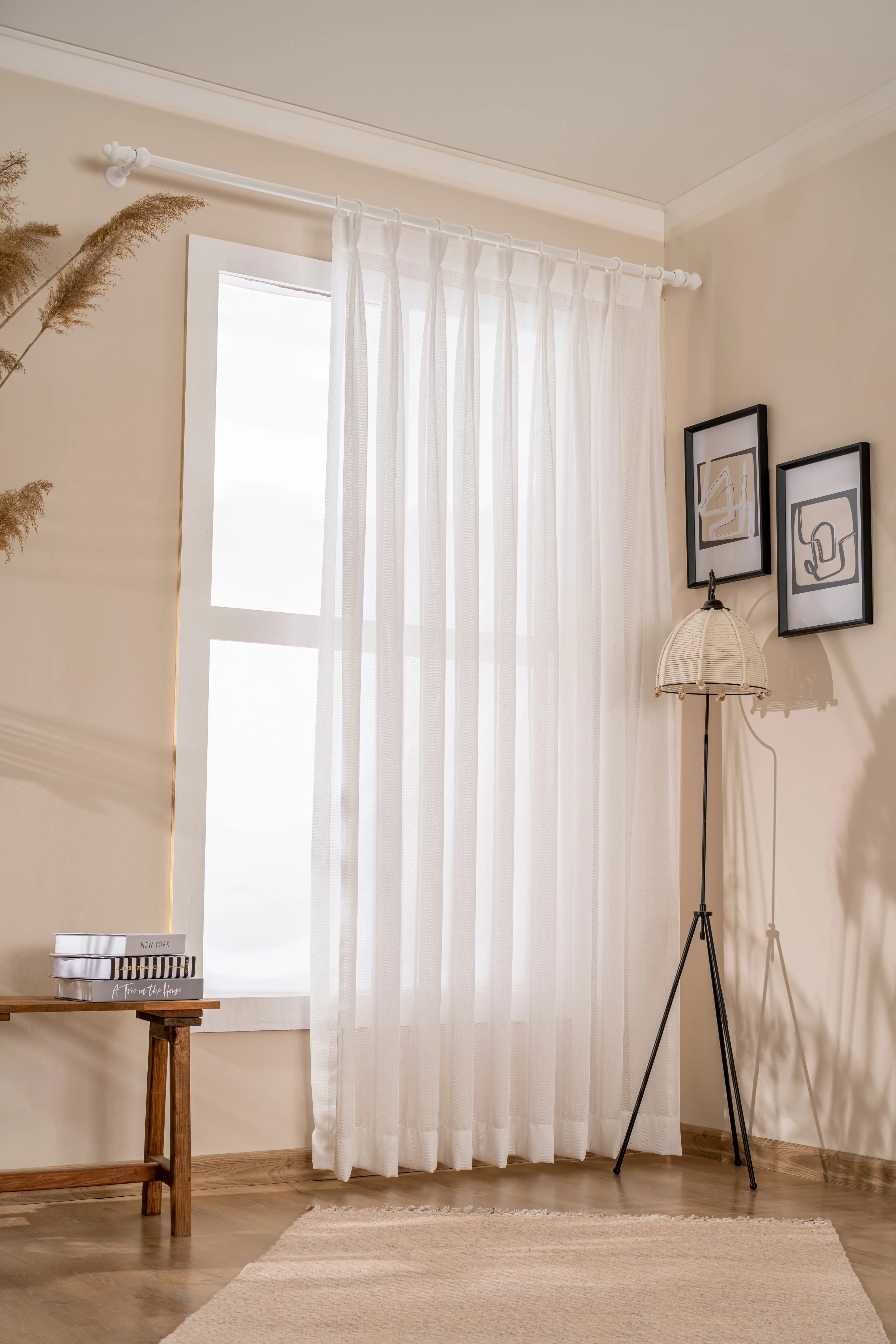 White Linen Herringbone Café Curtains – Triple Pleated Sheer Voile Panels | Custom Made Minimalist Drapery for Living Room & Bedroom